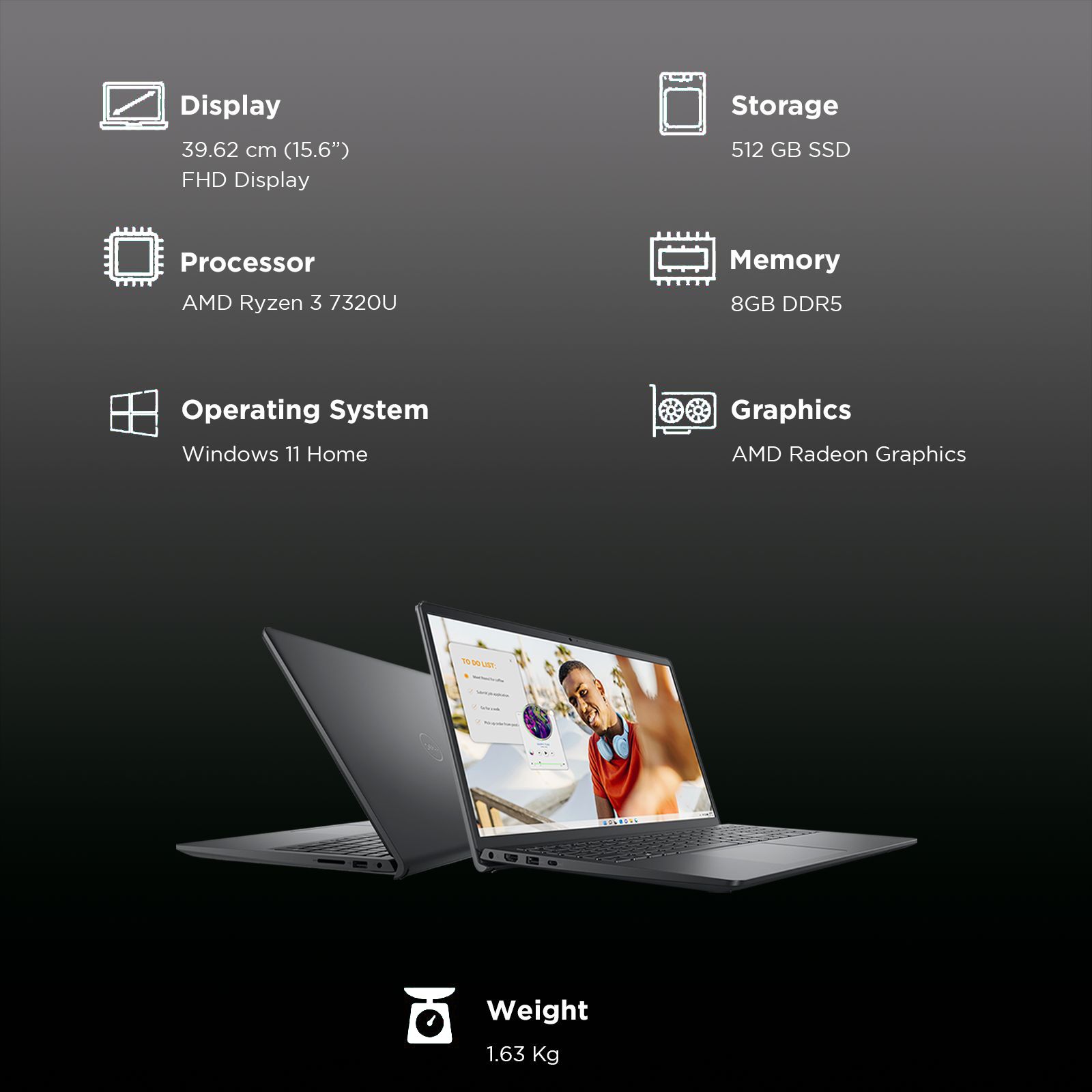 DELL Inspiron 15 3535 AMD Ryzen 3 7320U 7th Gen Notebook Laptop (8GB, 512GB SSD, Windows 11 Home, 15.6 inch Full HD Display, MS Office 2021, Carbon Black, 1.63 KG)_3