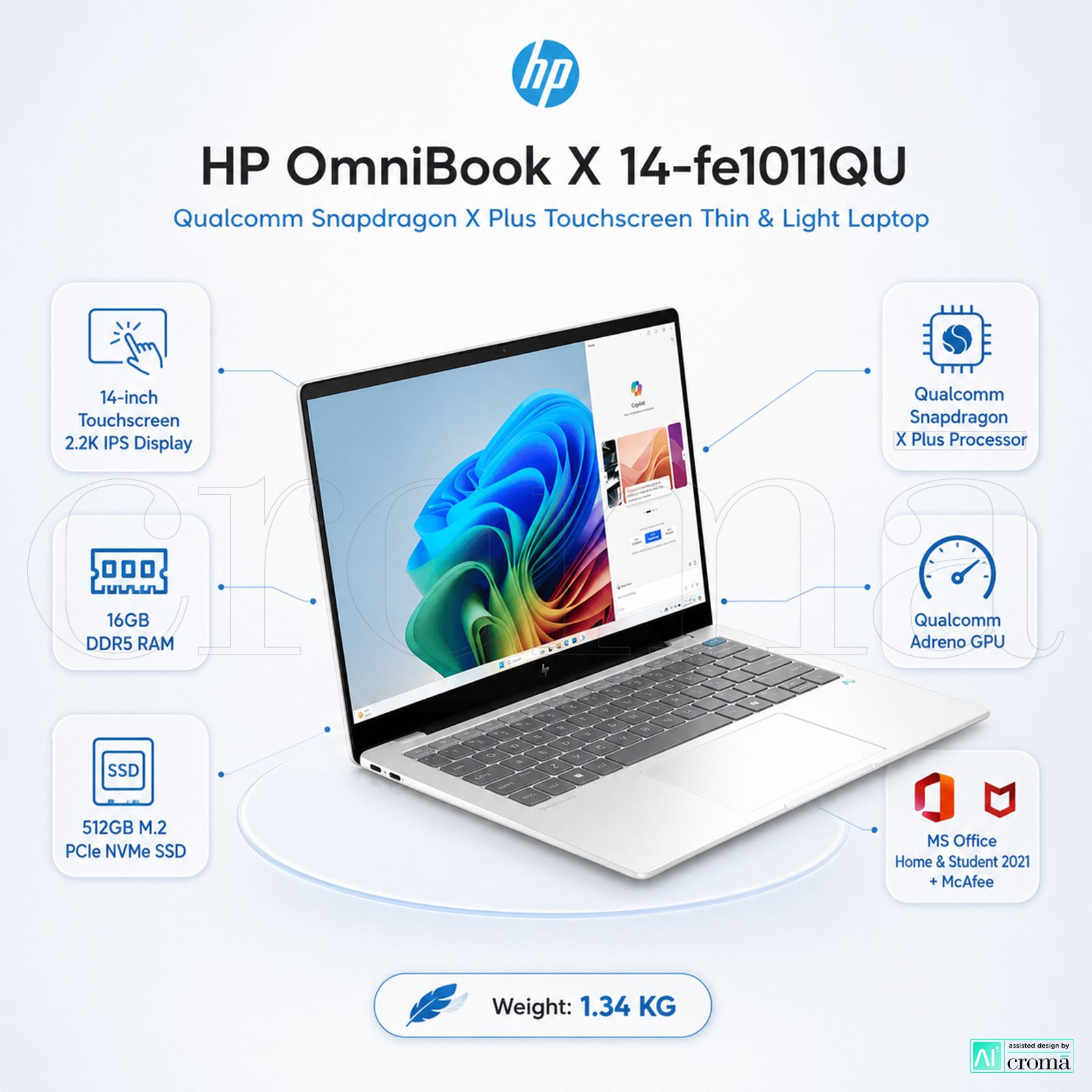 HP OmniBook X 14-fe1011QU Qualcomm Snapdragon X Plus Touchscreen Thin & Light Laptop (16GB, 512GB SSD, Windows 11 Home, 14 inch 2.2K IPS Display, MS Office 2021, Glacier Silver, 1.34 KG)_2