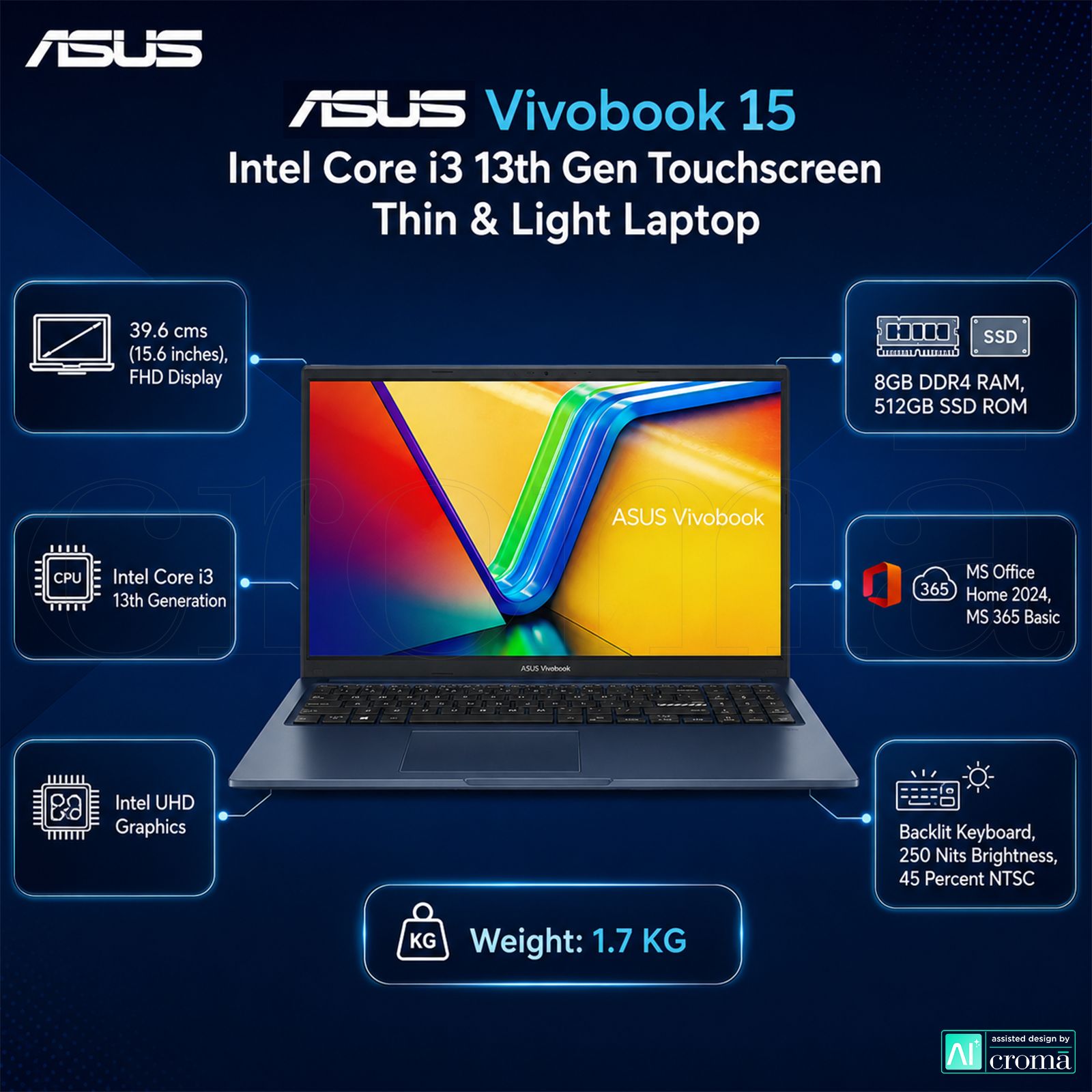 ASUS Vivobook 15 Intel Core i3 13th Gen Touchscreen Thin & Light Laptop (8GB, 512GB SSD, Windows 11 Home, 15.6 inch Full HD Display, MS Office Home 2024, Quiet Blue, 1.7 KG) ASUS Vivobook 15 Intel Core i3 13th Gen Touchscreen Thin & Light Laptop (8GB, 512GB SSD, Windows 11 Home, 15.6 inch Full HD Display, MS Office Home 2024, Quiet Blue, 1.7 KG)_2