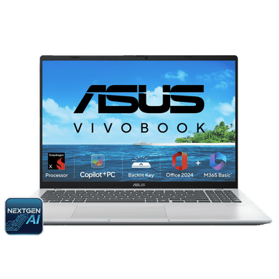 ASUS Vivobook 16 Snapdragon X X1 26 100 Thin & Light Laptop (16GB, 512GB SSD, Windows 11 Home, 16 inch WUXGA Display, MS Office Home 2024, Cool Silver, 1.88 KG)