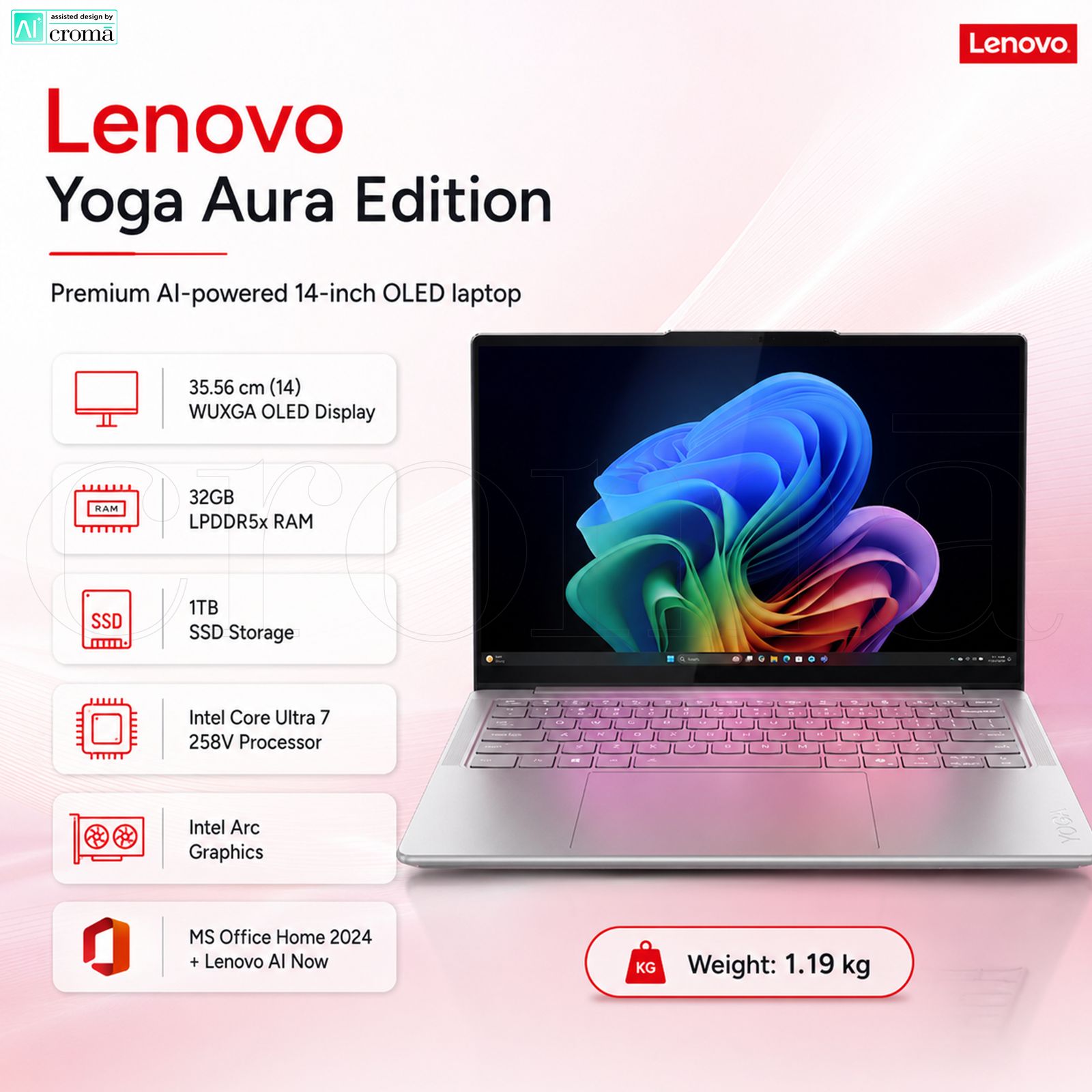 Lenovo Yoga Slim 7 14ILL10 Intel Core Ultra 7 258V Thin & Light Laptop (32GB, 1TB SSD, Windows 11 Home, 14 inch WUXGA OLED Display, MS Office Home 2024, Luna Grey, 1.19 KG)_2