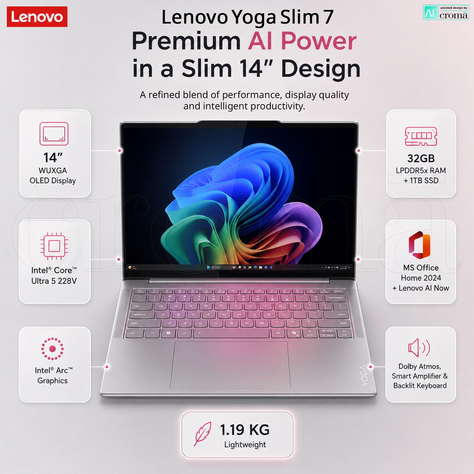 Lenovo Yoga Slim 7 14ILL10 Intel Core Ultra 5 228V Thin & Light Laptop (32GB, 1TB SSD, Windows 11 Home, 14 inch WUXGA OLED Display, MS Office Home 2024, Luna Grey, 1.19 KG) Lenovo Yoga Slim 7 14ILL10 Intel Core Ultra 5 228V Thin & Light Laptop (32GB, 1TB SSD, Windows 11 Home, 14 inch WUXGA OLED Display, MS Office Home 2024, Luna Grey, 1.19 KG)_2