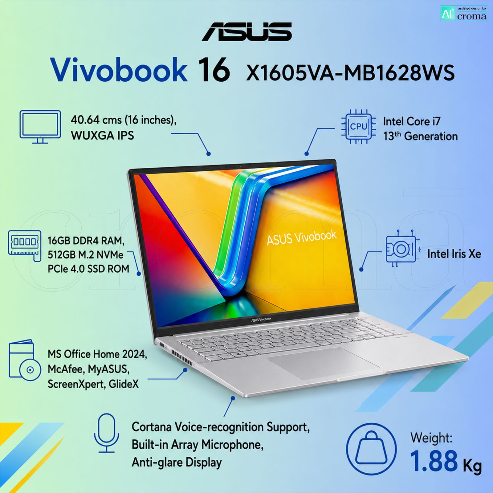 ASUS Vivobook 16 Intel Core i7 13th Gen Laptop (16GB, 512GB SSD, Windows 11 Home, 16 inch WUXGA IPS Level Display, MS Office 2024, Cool Silver, 1.88 KG)_2
