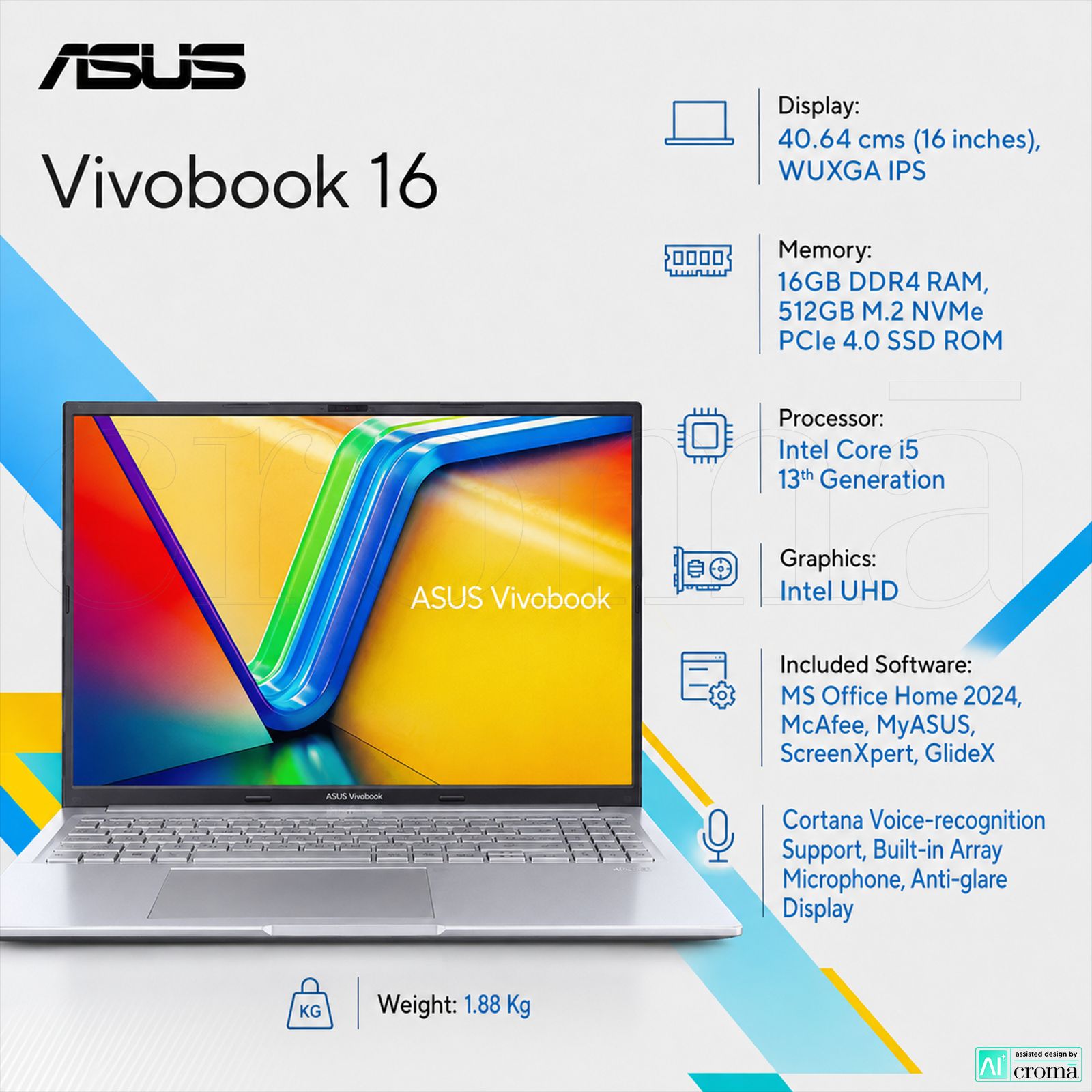 ASUS Vivobook 16 X1605VA-MB1627WS Intel Core i5 13th Gen Thin & Light Laptop (16GB, 512GB SSD, Windows 11 Home, 16 inch WUXGA IPS Display, MS Office 2024, Cool Silver, 1.88 KG)_2