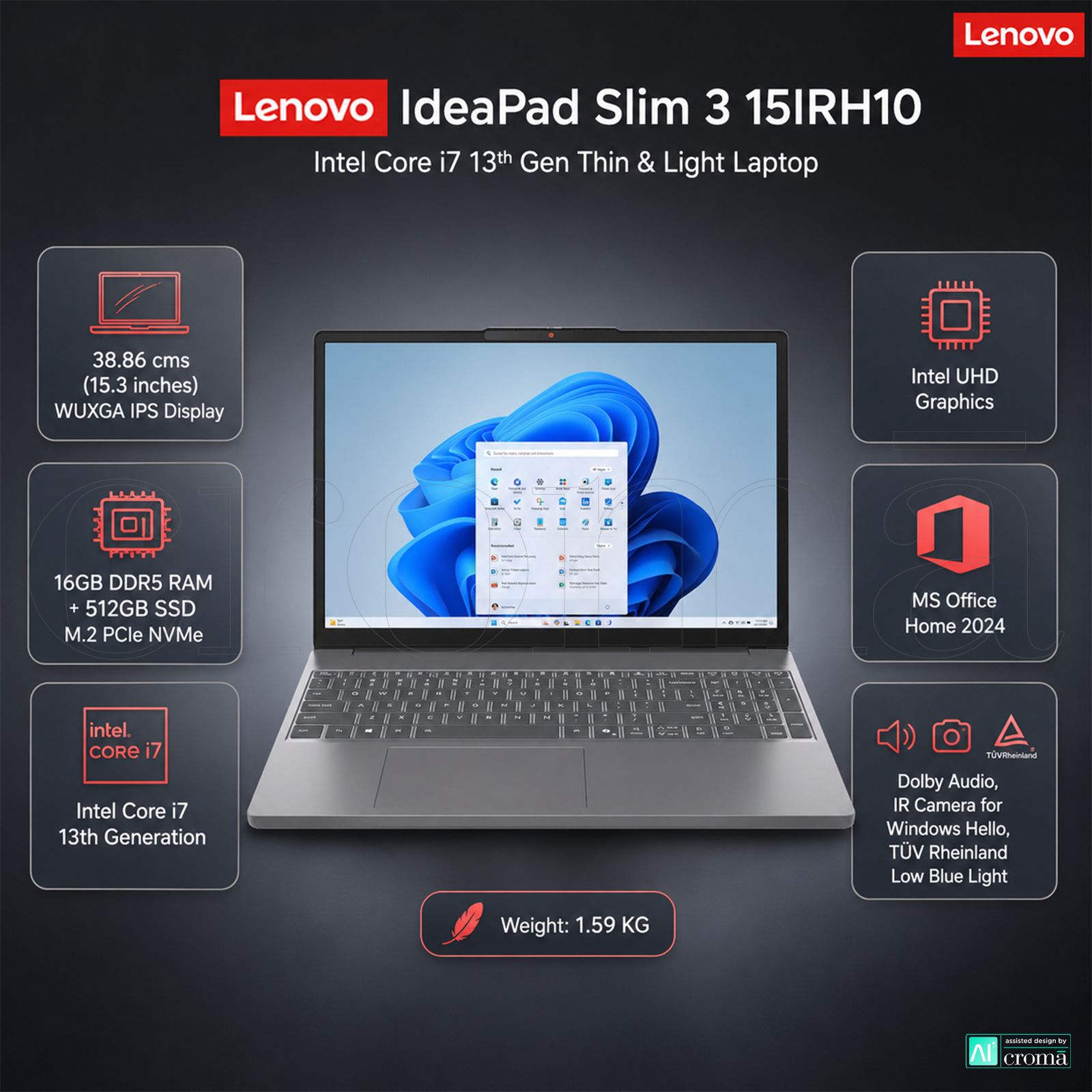 Lenovo IdeaPad Slim 3 15IRH10 Intel Core i7 13th Gen Thin & Light Laptop (16GB, 512GB SSD, Windows 11 Home, 15.3 inch WUXGA IPS Display, MS Office 2024, Luna Grey, 1.59 KG) Lenovo IdeaPad Slim 3 15IRH10 Intel Core i7 13th Gen Thin & Light Laptop (16GB, 512GB SSD, Windows 11 Home, 15.3 inch WUXGA IPS Display, MS Office 2024, Luna Grey, 1.59 KG)_2