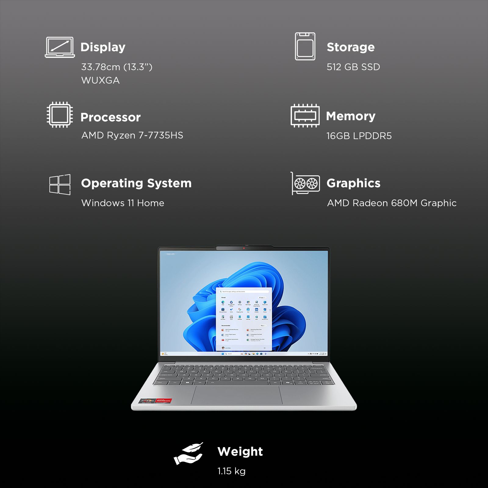 Lenovo IdeaPad Slim 5 13ARP10 AMD Ryzen 7 Thin & Light Laptop (16GB, 512GB SSD, Windows 11 Home, 13.3 inch WUXGA IPS Display, MS Office Home 2024, Cloud Grey, 1.15 KG)_5