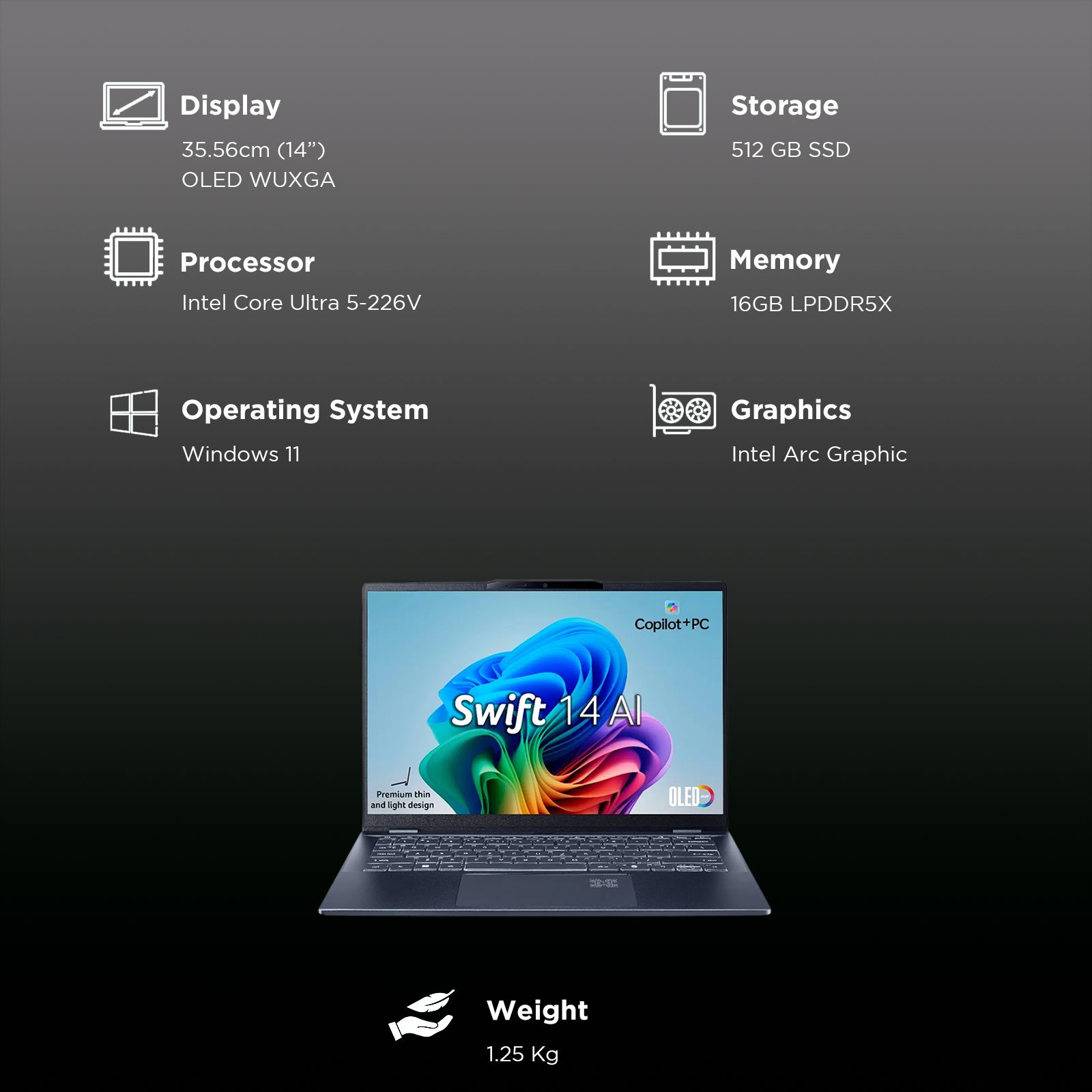 acer Swift 14 AI SF14-51 Intel Core Ultra 5 Thin & Light Laptop (16GB, 512GB SSD, Windows 11 Home, 14 inch OLED WUXGA Display, MS Office, Steam Blue, 1.25 KG) acer Swift 14 AI SF14-51 Intel Core Ultra 5 Thin & Light Laptop (16GB, 512GB SSD, Windows 11 Home, 14 inch OLED WUXGA Display, MS Office, Steam Blue, 1.25 KG)_12