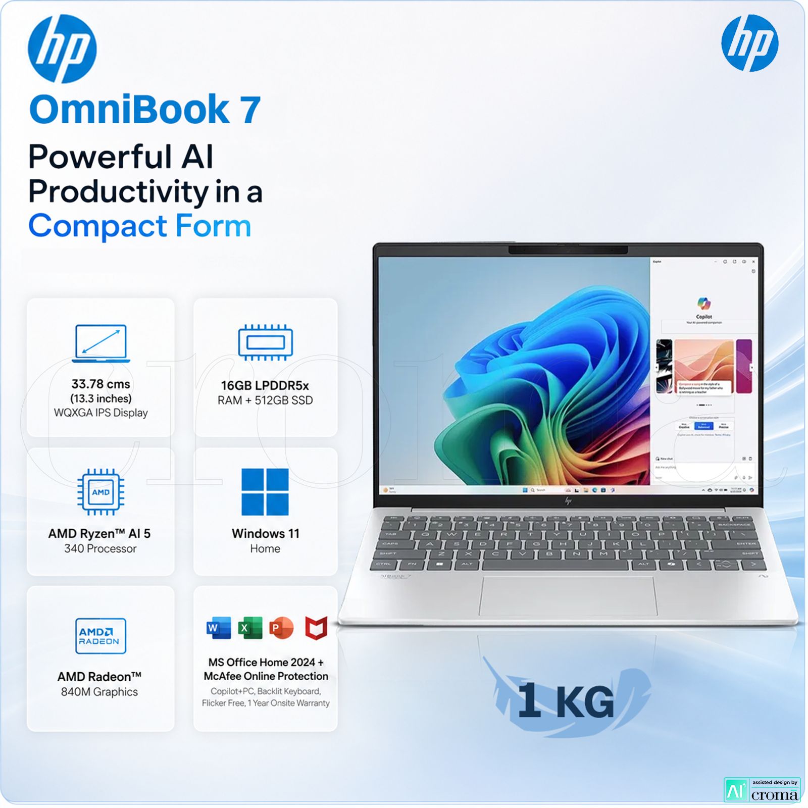 HP OmniBook 7 13-bg1678AU AMD Ryzen 5 Thin & Light Laptop (16GB, 512GB SSD, Windows 11 Home, 13.3 inch WQXGA IPS Display, MS Office Home 2024, Glacier Silver, 1 KG)_2