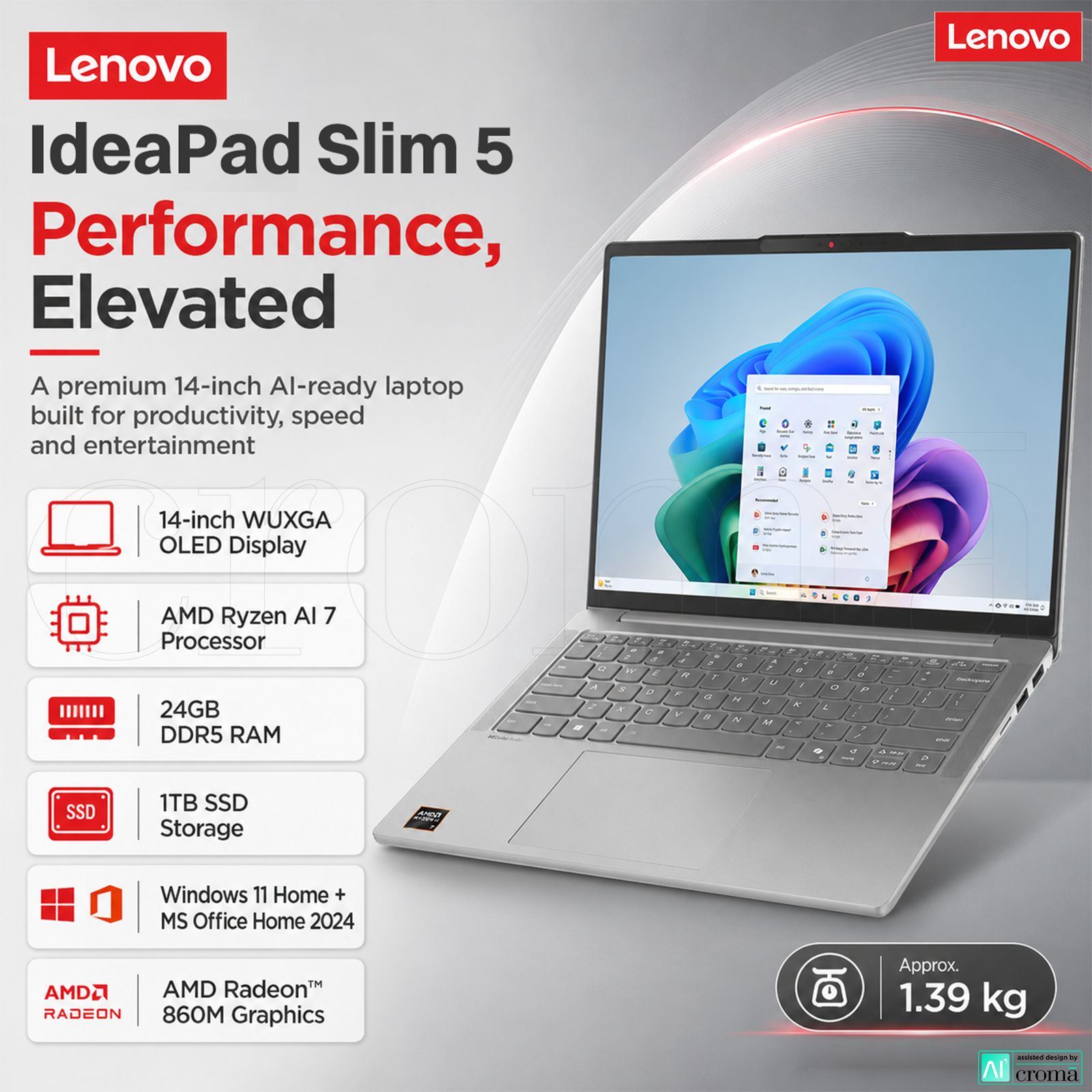 Lenovo IdeaPad Slim 5 14AKP10 AMD Ryzen AI 7 Thin & Light Laptop (24GB, 1TB SSD, Windows 11 Home, 14 inch WUXGA OLED Display, MS Office Home 2024, Luna Grey, 1.39 KG) Lenovo IdeaPad Slim 5 14AKP10 AMD Ryzen AI 7 Thin & Light Laptop (24GB, 1TB SSD, Windows 11 Home, 14 inch WUXGA OLED Display, MS Office Home 2024, Luna Grey, 1.39 KG)_2
