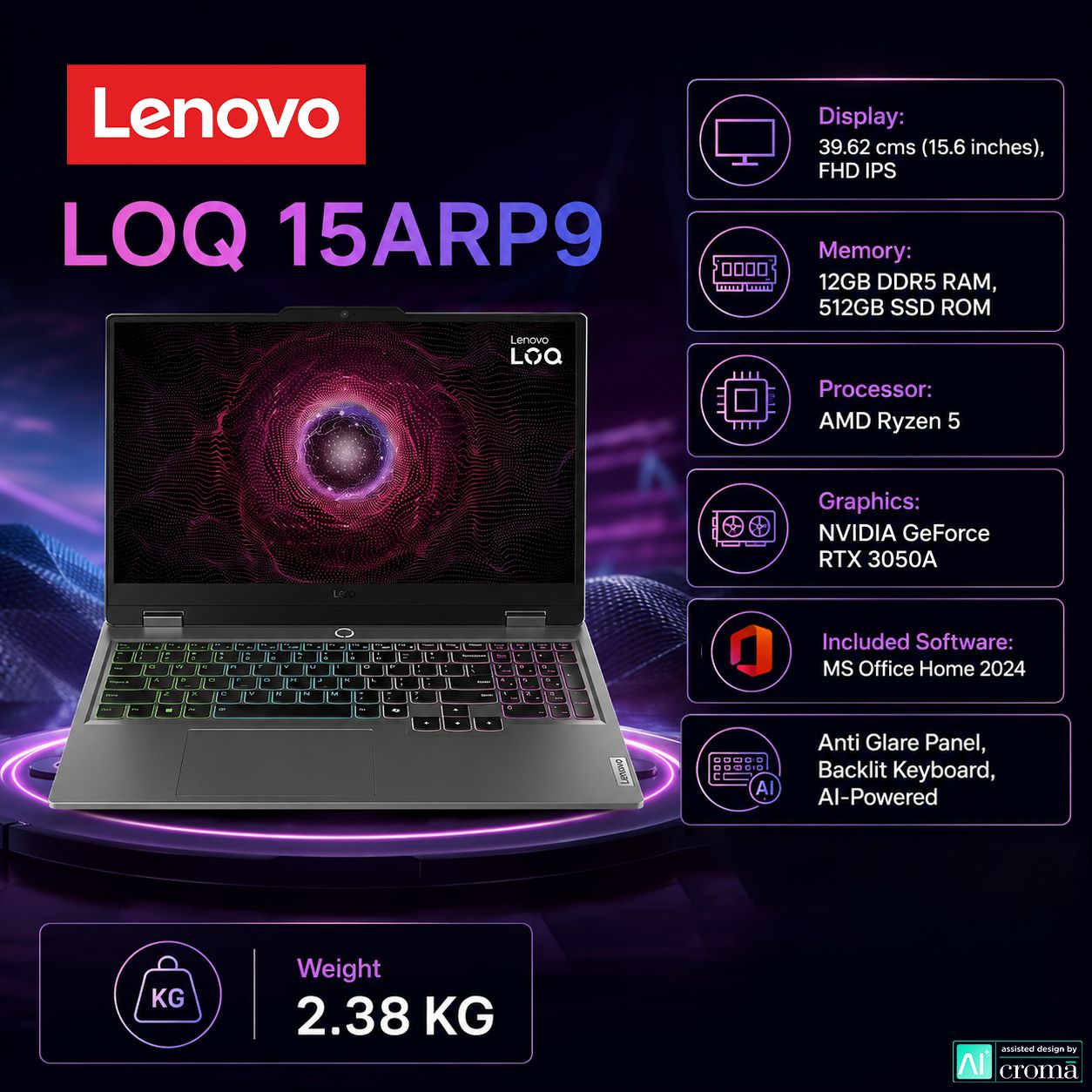 Lenovo LOQ 15ARP9 AMD Ryzen 5 Gaming Laptop (12GB, 512GB SSD, Windows 11 Home, 4GB Graphics, 15.6 inch 144 Hz Full HD IPS Display, NVIDIA GeForce RTX 3050A, MS Office Home 2024, Luna Grey, 2.38 KG)_2