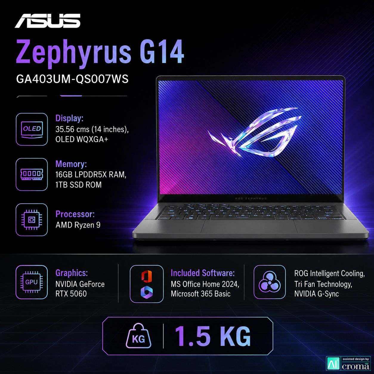 ASUS ROG Zephyrus G14 AMD Ryzen 9 Gaming Laptop (16GB, 1TB SSD, Windows 11 Home, 8GB Graphics, 14 inch 120 Hz WQXGA+ OLED ROG Nebula Display, NVIDIA GeForce RTX 5060, MS Office Home 2024, Eclipse Gray, 1.5 KG) ASUS ROG Zephyrus G14 AMD Ryzen 9 Gaming Laptop (16GB, 1TB SSD, Windows 11 Home, 8GB Graphics, 14 inch 120 Hz WQXGA+ OLED ROG Nebula Display, NVIDIA GeForce RTX 5060, MS Office Home 2024, Eclipse Gray, 1.5 KG)_2