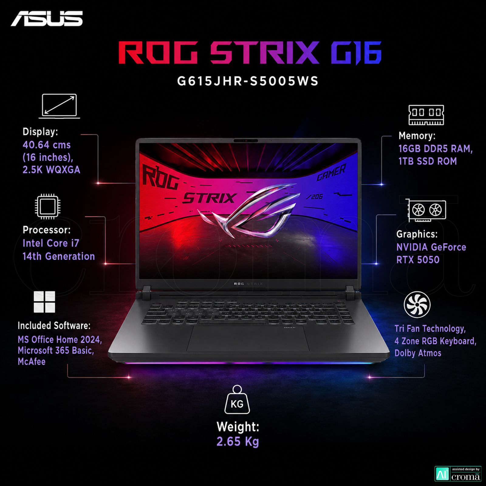 ASUS ROG Strix G16 Intel Core i7 14th Gen Gaming Laptop (16GB, 1TB SSD, Windows 11 Home, 8GB Graphics, 16 inch 240 Hz 2.5K WQXGA IPS Level Display, NVIDIA GeForce RTX 5050, MS Office Home 2024, Eclipse Gray, 2.65 KG) ASUS ROG Strix G16 Intel Core i7 14th Gen Gaming Laptop (16GB, 1TB SSD, Windows 11 Home, 8GB Graphics, 16 inch 240 Hz 2.5K WQXGA IPS Level Display, NVIDIA GeForce RTX 5050, MS Office Home 2024, Eclipse Gray, 2.65 KG)_2