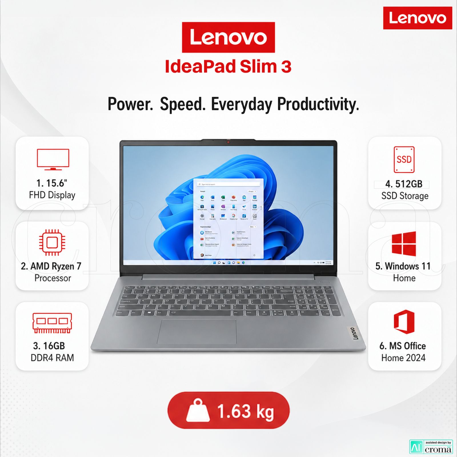 Lenovo IdeaPad Slim 3 15ABR8 AMD Ryzen 7 Thin & Light Laptop (16GB, 512GB SSD, Windows 11 Home, 15.6 inch Full HD Display, MS Office Home 2024, Arctic Grey, 1.62 KG)_2