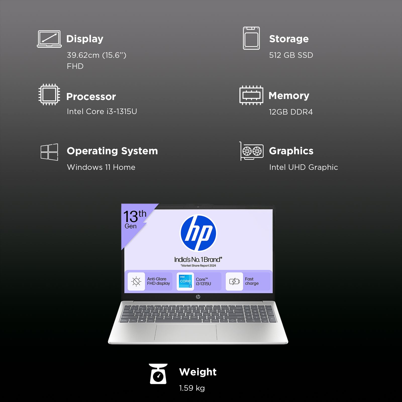 HP 15-fd0691TU Intel Core i3 13th Gen Thin & Light Laptop (12GB, 512GB SSD, Windows 11 Home, 15.6 inch Full HD Display, Natural Silver, 1.59 KG)_12