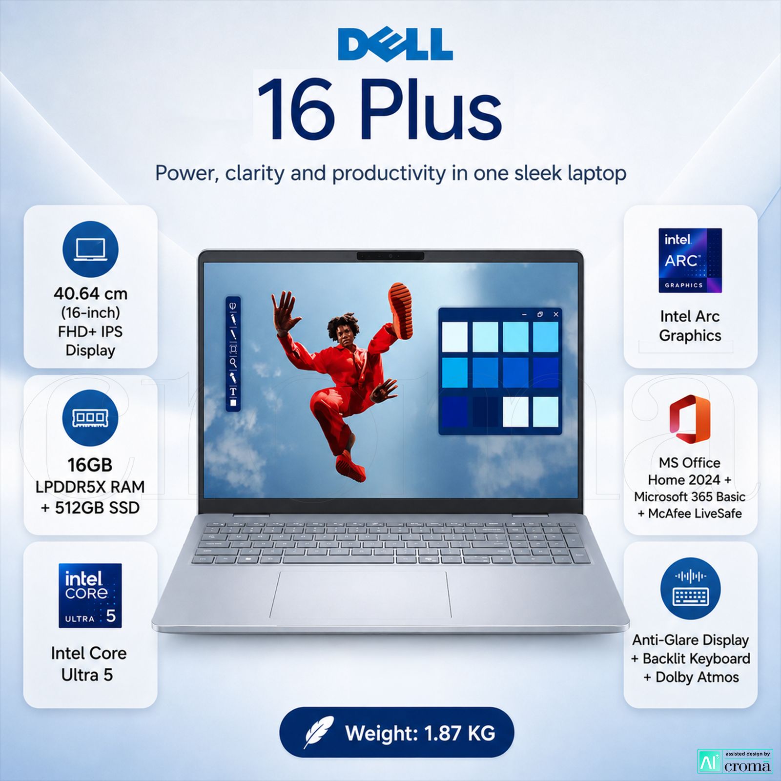 Dell 16 Plus Intel Core Ultra 5 Thin & Light Laptop (16GB, 512GB SSD, Windows 11 Home, 16 inch Full HD+ IPS Display, MS Office Home 2024, Ice Blue, 1.87 KG) Dell 16 Plus Intel Core Ultra 5 Thin & Light Laptop (16GB, 512GB SSD, Windows 11 Home, 16 inch Full HD+ IPS Display, MS Office Home 2024, Ice Blue, 1.87 KG)_2