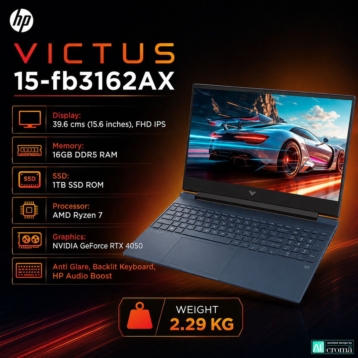 HP Victus 15-fb3162AX AMD Ryzen 7 Gaming Laptop (16GB, 1TB SSD, Windows 11 Home, 6GB Graphics, 15.6 inch 144 Hz Full HD IPS Display, NVIDIA GeForce RTX 4050, Performance Blue, 2.29 KG)_2