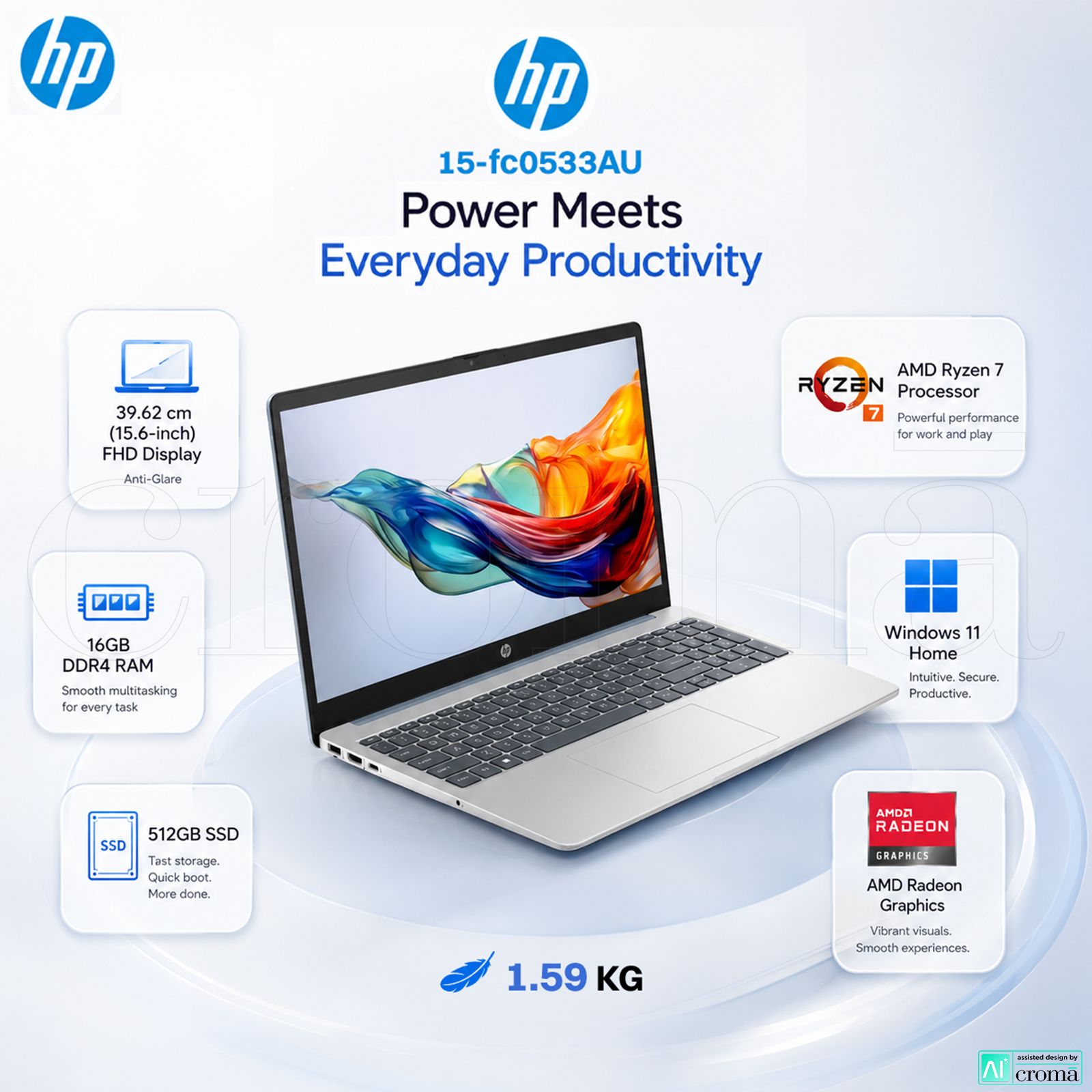 HP 15-fc0533AU AMD Ryzen 7 Thin & Light Laptop (16GB, 512GB SSD, Windows 11 Home, 15.6 inch Full HD Display, Natural Silver, 1.59 KG)_2
