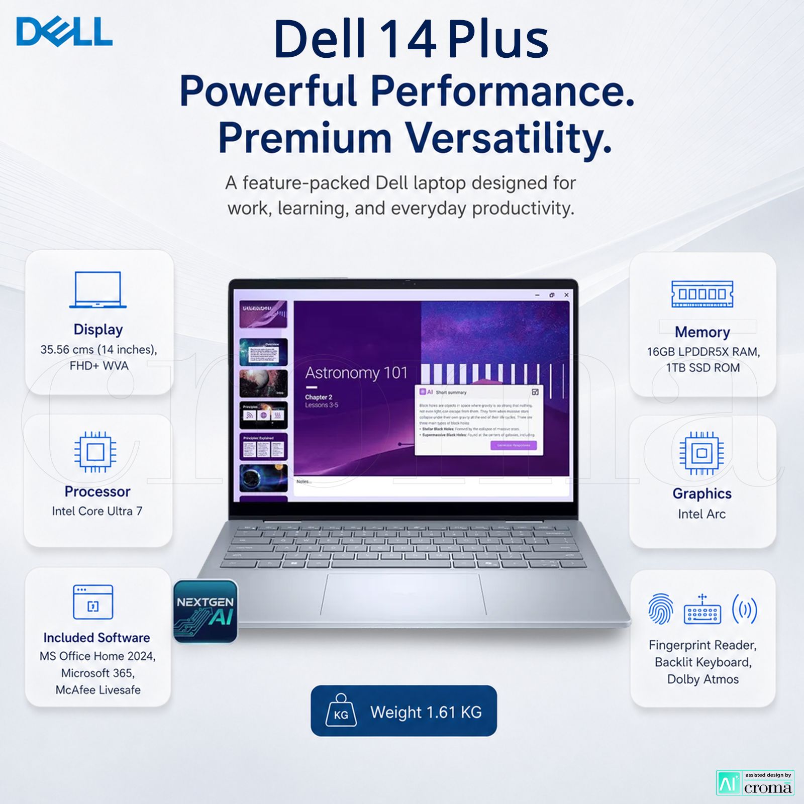 Dell 14 Plus Intel Core Ultra 7 Touchscreen 2-in-1 Laptop (16GB, 1TB SSD, Windows 11 Home, 14 inch FHD+ WVA Display, MS Office Home 2024, Ice Blue, 1.61 KG)_2