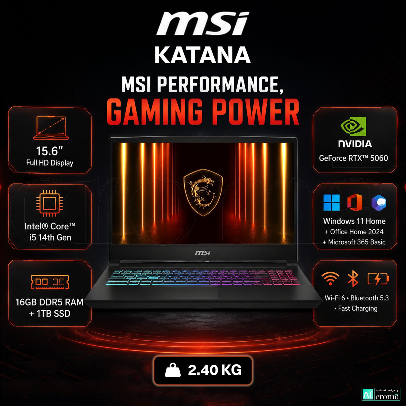 MSI Katana 15 HX B14WFK-641IN Intel Core i5 14th Gen Gaming Laptop (16GB, 1TB SSD, Windows 11 Home, 8GB Graphics, 15.6 inch 144 Hz Full HD Display, NVIDIA GeForce RTX 5060, MS Office Home 2024, Black, 2.40 KG) MSI Katana 15 HX B14WFK-641IN Intel Core i5 14th Gen Gaming Laptop (16GB, 1TB SSD, Windows 11 Home, 8GB Graphics, 15.6 inch 144 Hz Full HD Display, NVIDIA GeForce RTX 5060, MS Office Home 2024, Black, 2.40 KG)_2