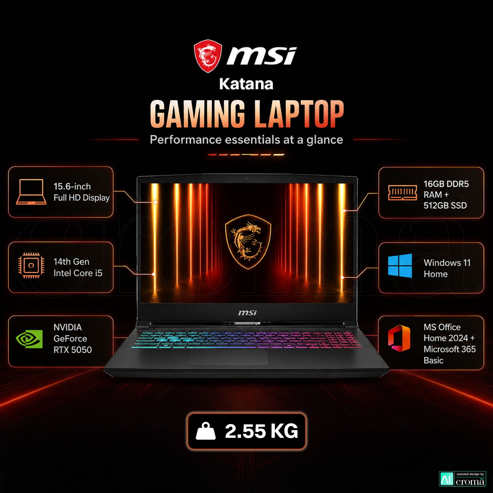 MSI Katana 15 HX B14WEK-642IN Intel Core i5 14th Gen Gaming Laptop (16GB, 512GB SSD, Windows 11 Home, 8GB Graphics, 15.6 inch 144 Hz Full HD Display, NVIDIA GeForce RTX 5050, MS Office Home 2024, Black, 2.55 KG)_2
