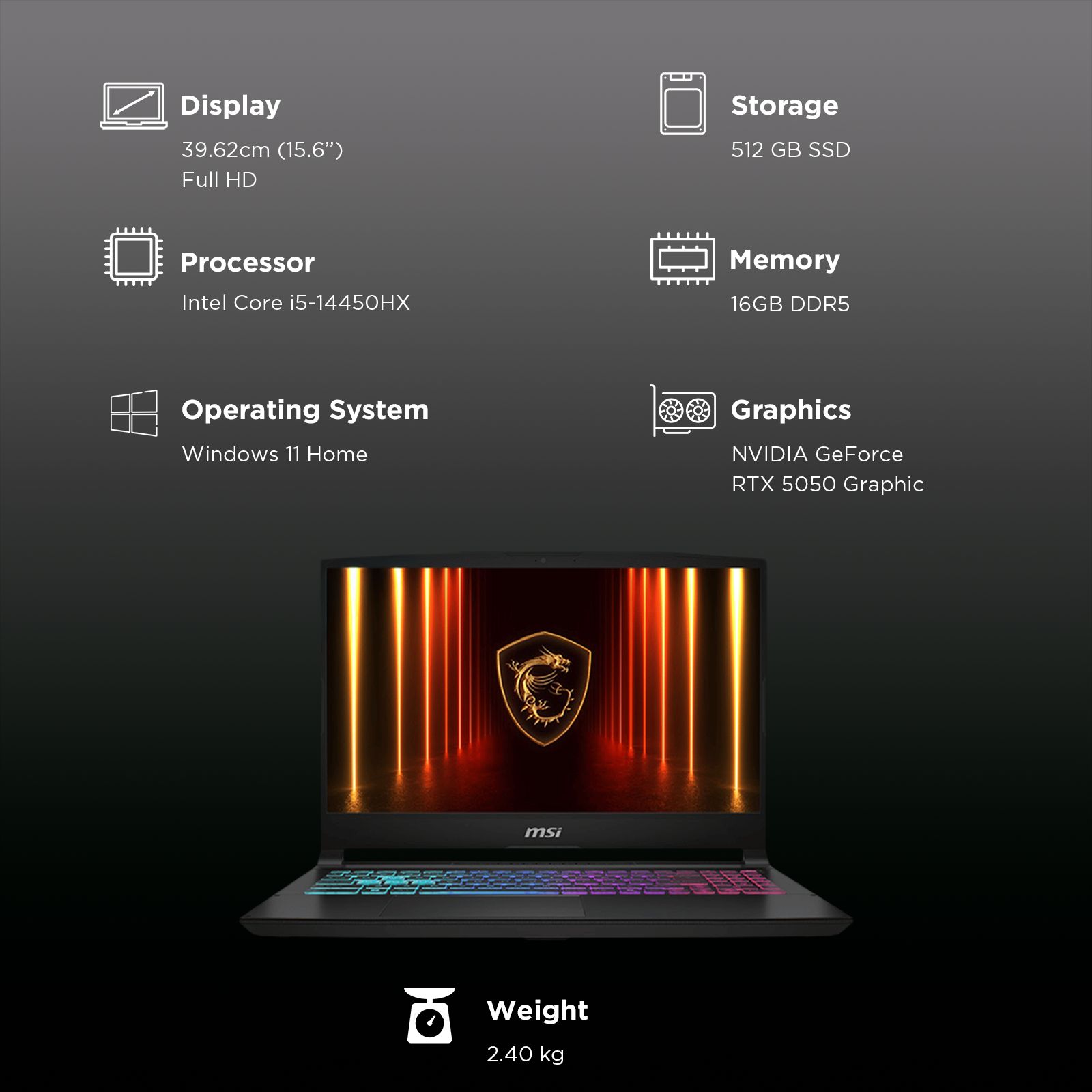 MSI Katana 15 HX B14WEK-642IN Intel Core i5 14th Gen Gaming Laptop (16GB, 512GB SSD, Windows 11 Home, 8GB Graphics, 15.6 inch 144 Hz Full HD Display, NVIDIA GeForce RTX 5050, MS Office Home 2024, Black, 2.55 KG)_9