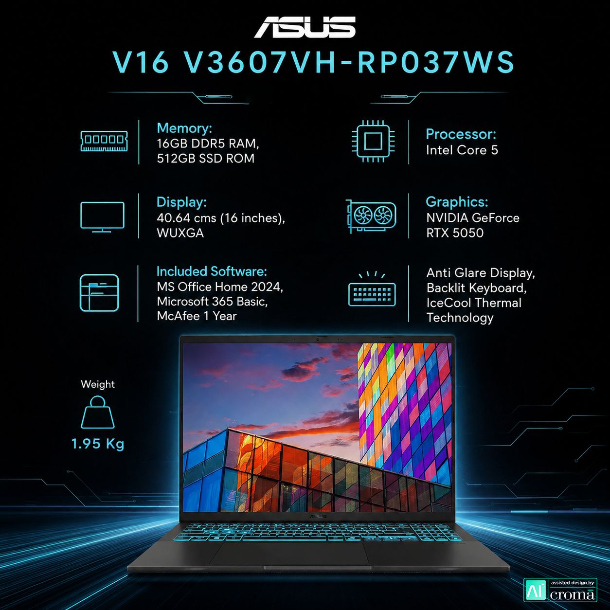 ASUS V16 V3607VH-RP037WS Intel Core 5 Gaming Laptop (16GB, 512GB SSD, Windows 11 Home, 8GB Graphics, 16 inch 144 Hz WUXGA Display, NVIDIA GeForce RTX 5050, MS Office Home 2024, Black, 1.95 KG) ASUS V16 V3607VH-RP037WS Intel Core 5 Gaming Laptop (16GB, 512GB SSD, Windows 11 Home, 8GB Graphics, 16 inch 144 Hz WUXGA Display, NVIDIA GeForce RTX 5050, MS Office Home 2024, Black, 1.95 KG)_2