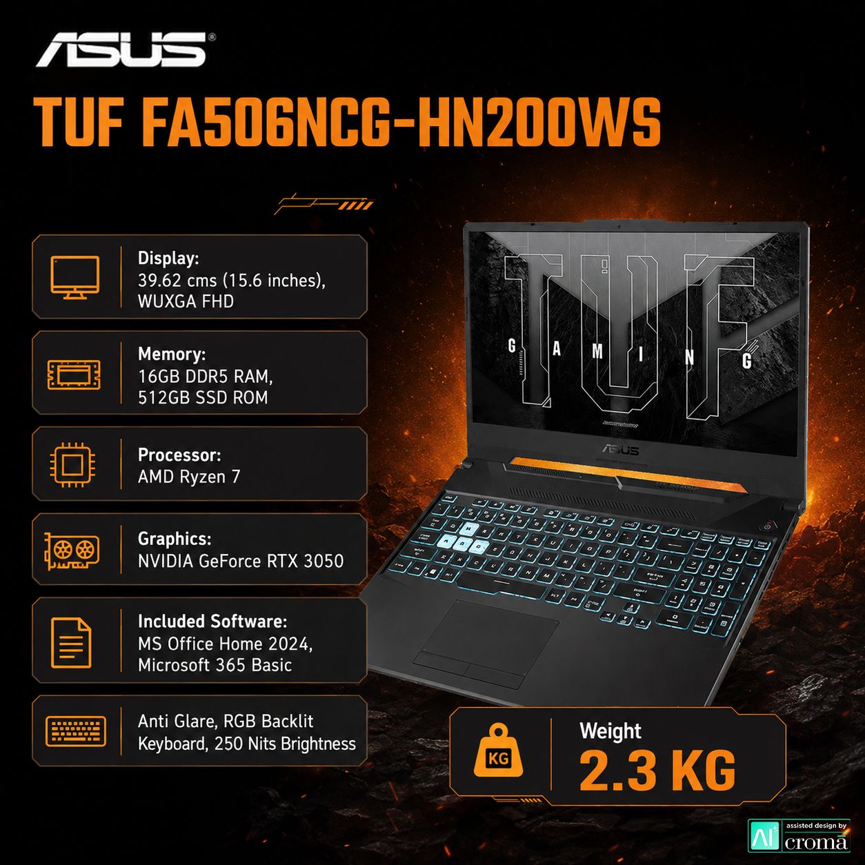 ASUS TUF FA506NCG-HN200WS AMD Ryzen 7 Gaming Laptop (16GB, 512GB SSD, Windows 11 Home, 4GB Graphics, 15.6 inch 144 Hz WUXGA Full HD Display, NVIDIA GeForce RTX 3050, MS Office Home 2024, Graphite Black, 2.3 KG)_2