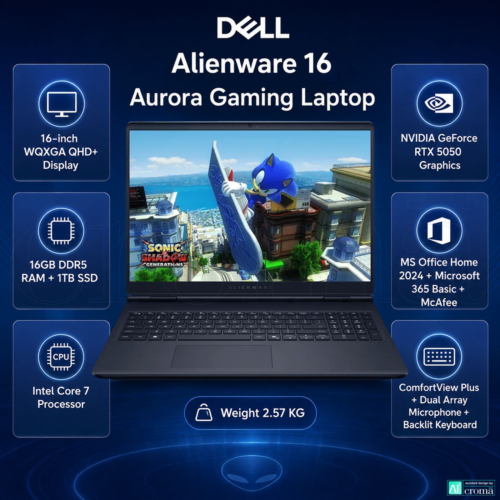 DELL Alienware 16 Aurora Intel Core 7 Gaming Laptop (16GB, 1TB SSD, Windows 11 Home, 8GB Graphics, 16 inch 120 Hz QHD+ WQXGA Display, NVIDIA GeForce RTX 5050, MS Office Home 2024, Interstellar Indigo, 2.57 KG) DELL Alienware 16 Aurora Intel Core 7 Gaming Laptop (16GB, 1TB SSD, Windows 11 Home, 8GB Graphics, 16 inch 120 Hz QHD+ WQXGA Display, NVIDIA GeForce RTX 5050, MS Office Home 2024, Interstellar Indigo, 2.57 KG)_2