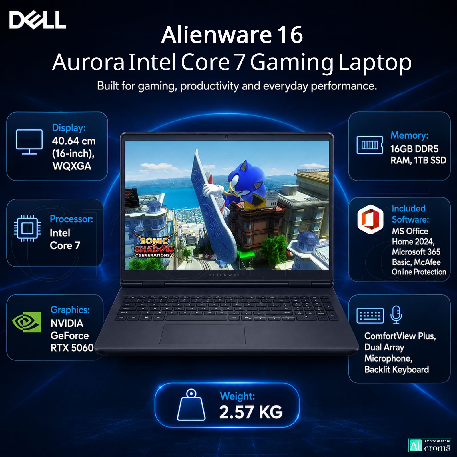 DELL Alienware 16 Aurora Intel Core 7 Gaming Laptop (16GB, 1TB SSD, Windows 11 Home, 8GB Graphics, 16 inch 120 Hz WQXGA Display, NVIDIA GeForce RTX 5060, MS Office Home 2024, Interstellar Indigo, 2.57 KG) DELL Alienware 16 Aurora Intel Core 7 Gaming Laptop (16GB, 1TB SSD, Windows 11 Home, 8GB Graphics, 16 inch 120 Hz WQXGA Display, NVIDIA GeForce RTX 5060, MS Office Home 2024, Interstellar Indigo, 2.57 KG)_2