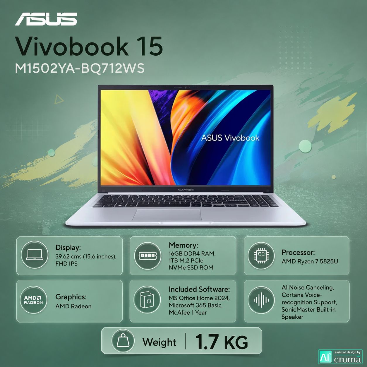 ASUS Vivobook 15 M1502YA-BQ712WS AMD Ryzen 7 5825U Laptop (16GB, 1TB SSD, Windows 11 Home, 15.6 inch Full HD IPS Display, MS Office Home 2024, Cool Silver, 1.7 KG)_2