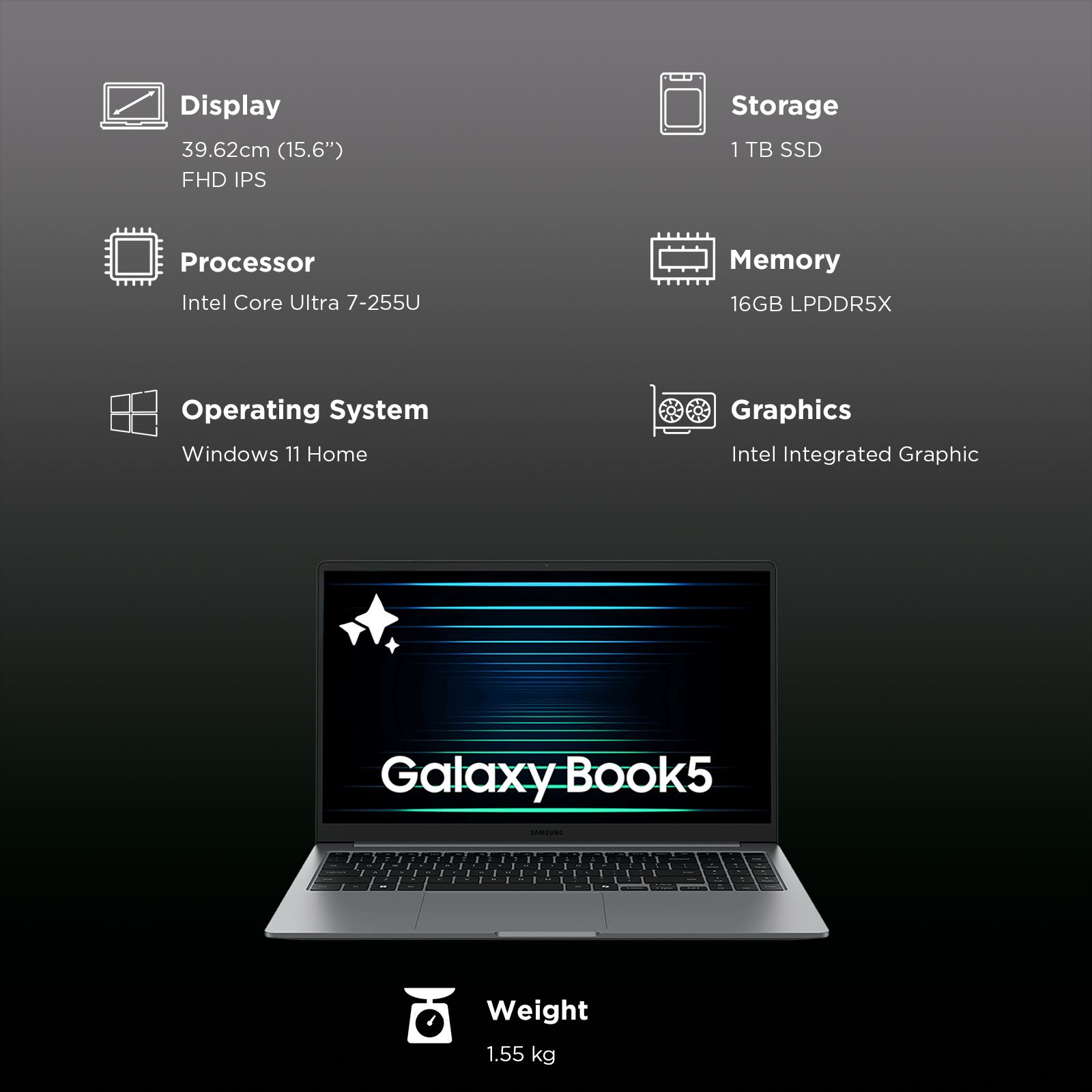 SAMSUNG Galaxy Book5 Intel Core Ultra 7 Thin & Light Laptop (16GB, 1TB SSD, Windows 11 Home, 15.6 inch Full HD IPS Display, MS Office Home 2024, Gray, 1.55 KG)_10