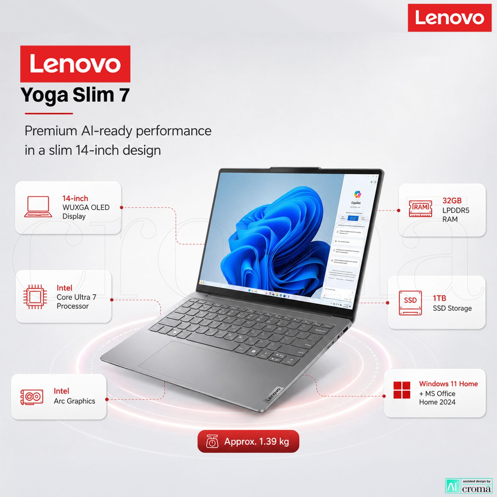 Lenovo Yoga Slim 7 14IMH9 Intel Core Ultra 7 Thin & Light Laptop (32GB, 1TB SSD, Windows 11 Home, 14 inch WUXGA OLED Display, MS Office Home 2024, Luna Grey, 1.39 KG)_2