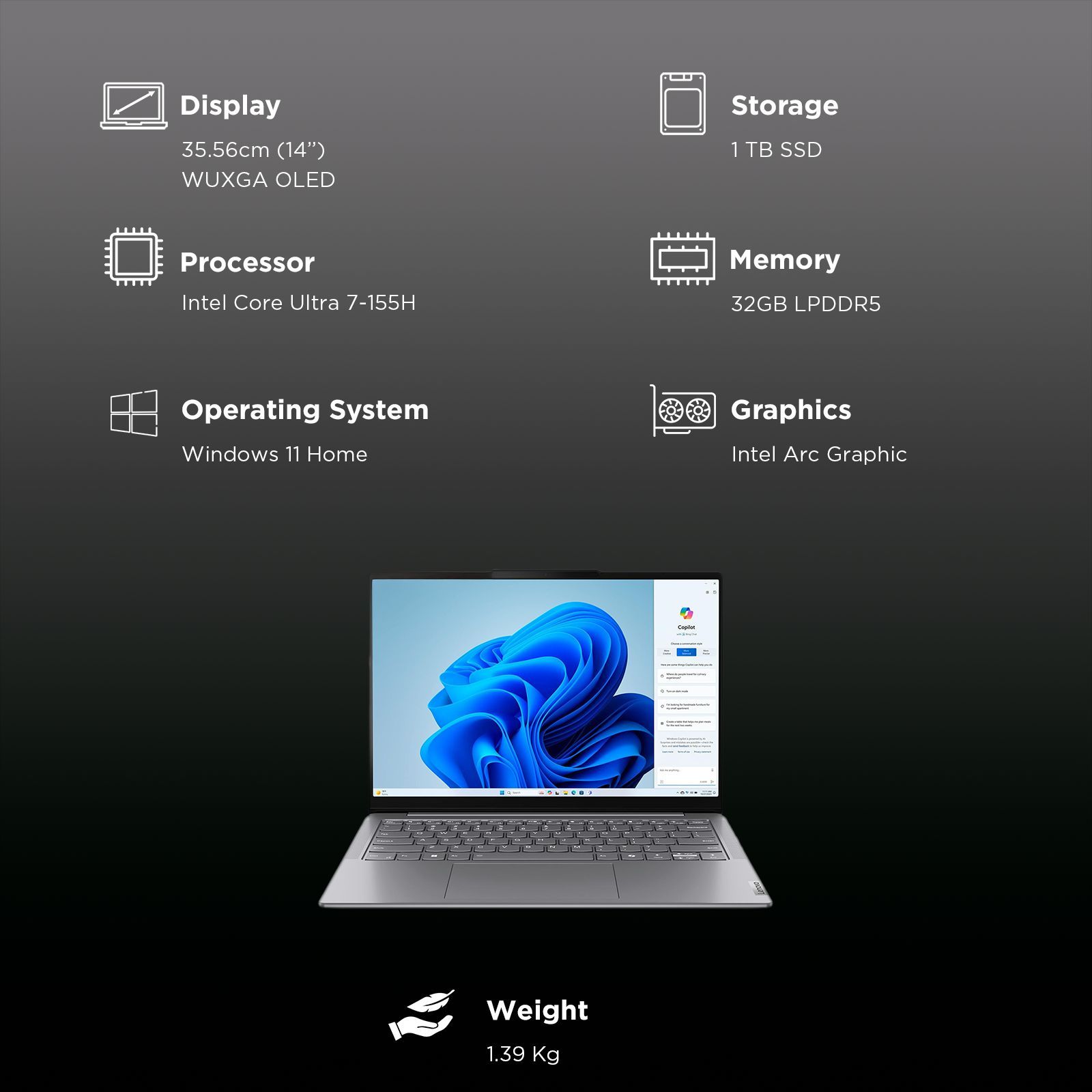Lenovo Yoga Slim 7 14IMH9 Intel Core Ultra 7 Thin & Light Laptop (32GB, 1TB SSD, Windows 11 Home, 14 inch WUXGA OLED Display, MS Office Home 2024, Luna Grey, 1.39 KG)_9