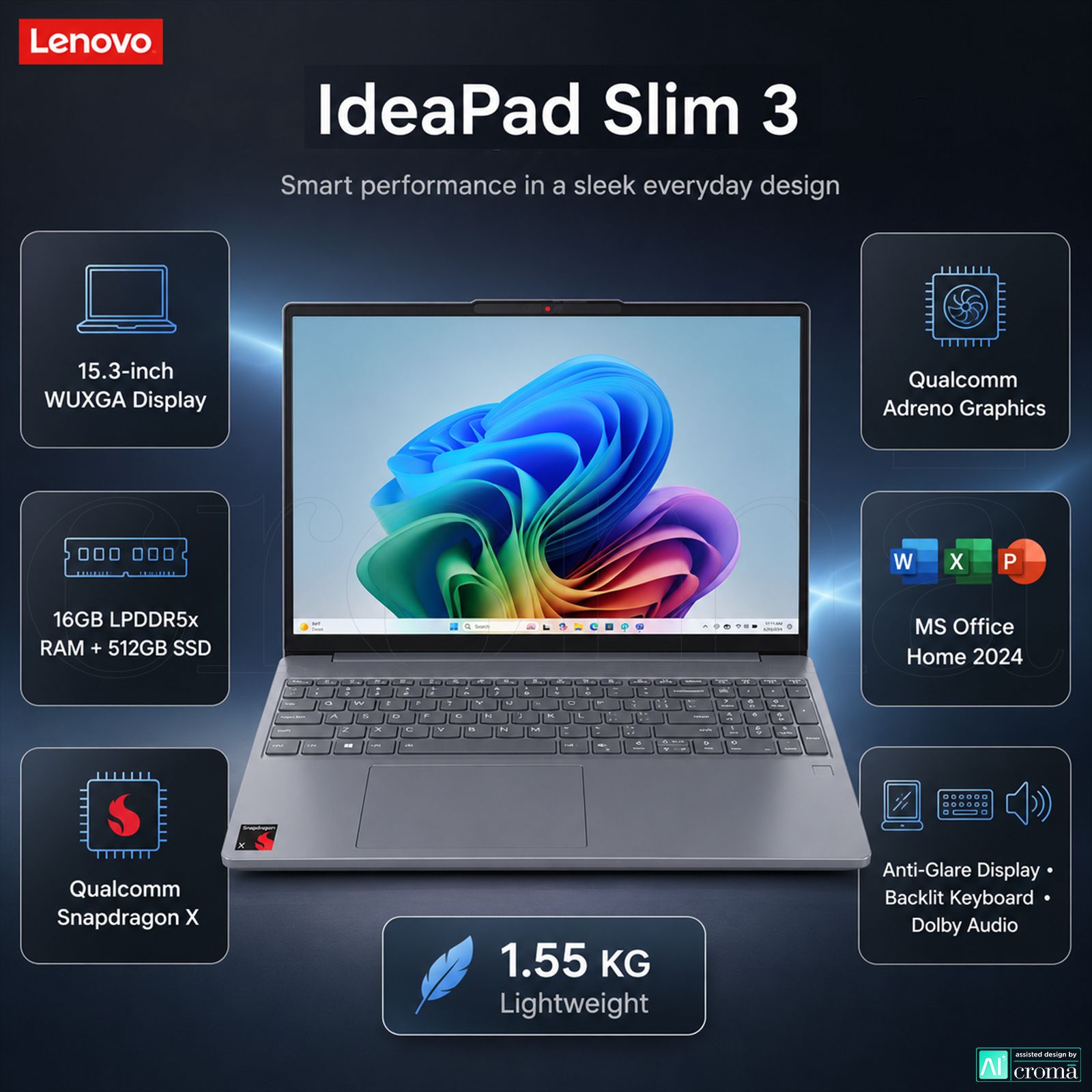 Lenovo IdeaPad Slim 3 15Q8X10 Qualcomm Snapdragon X Thin & Light Laptop (16GB, 512GB SSD, Windows 11 Home, 15.3 inch WUXGA Display, MS Office Home 2024, Luna Grey, 1.55 KG)_2