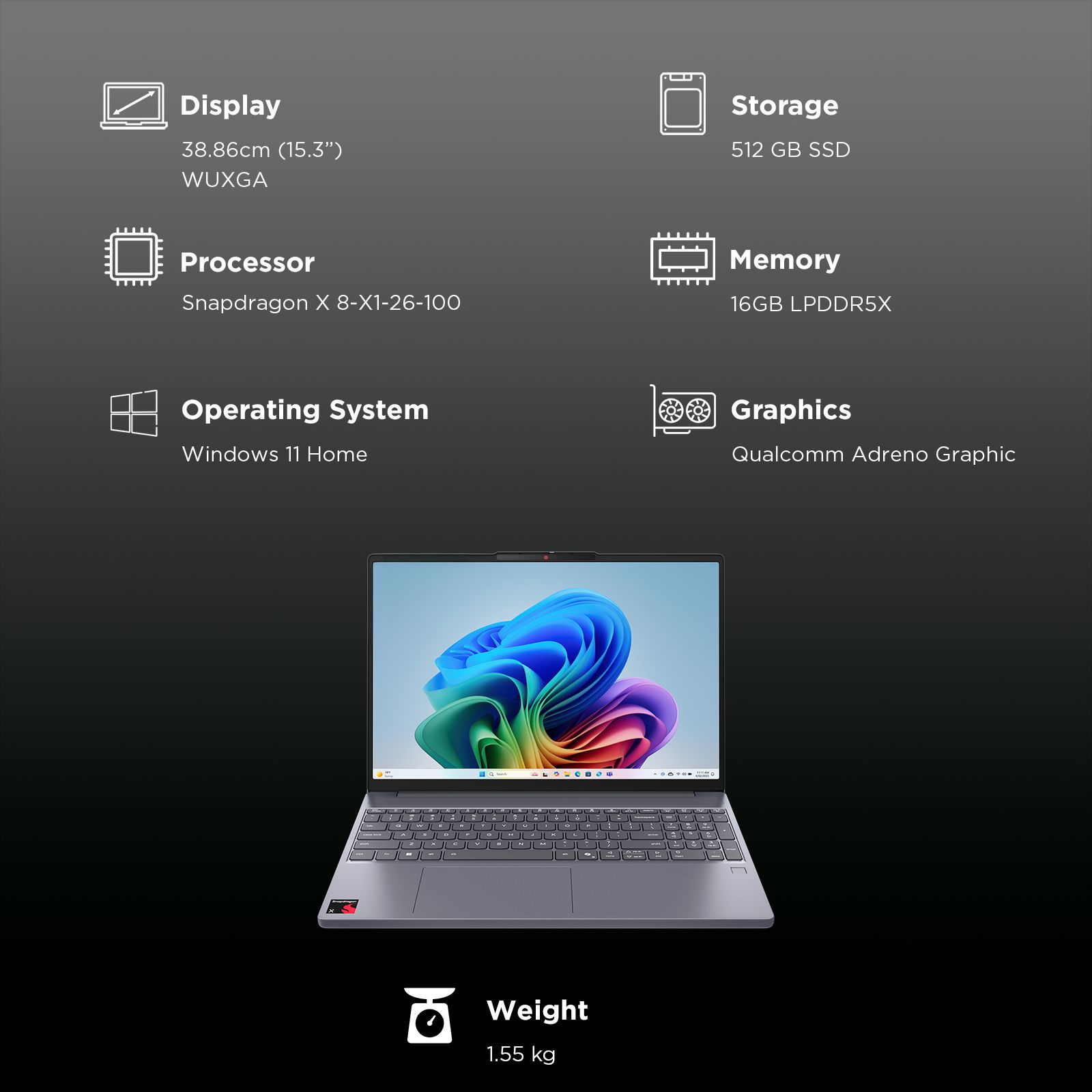 Lenovo IdeaPad Slim 3 15Q8X10 Qualcomm Snapdragon X Thin & Light Laptop (16GB, 512GB SSD, Windows 11 Home, 15.3 inch WUXGA Display, MS Office Home 2024, Luna Grey, 1.55 KG)_9