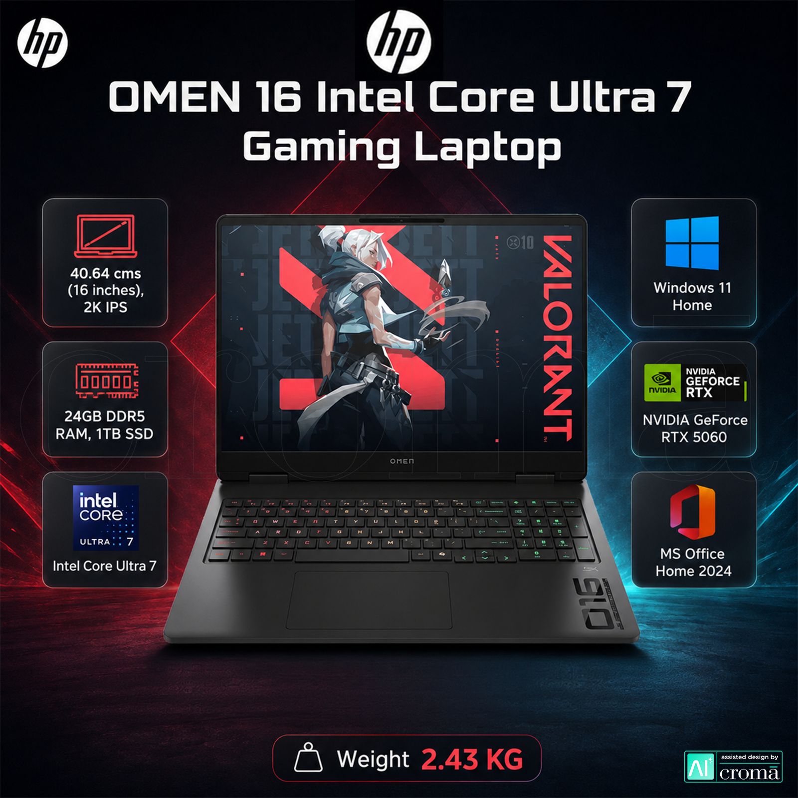 HP OMEN 16 Intel Core Ultra 7 Gaming Laptop (24GB, 1TB SSD, Windows 11 Home, 8GB Graphics, 16 inch 165 Hz 2K IPS Display, NVIDIA GeForce RTX 5060, MS Office Home 2024, Shadow Black, 2.43 KG)_2