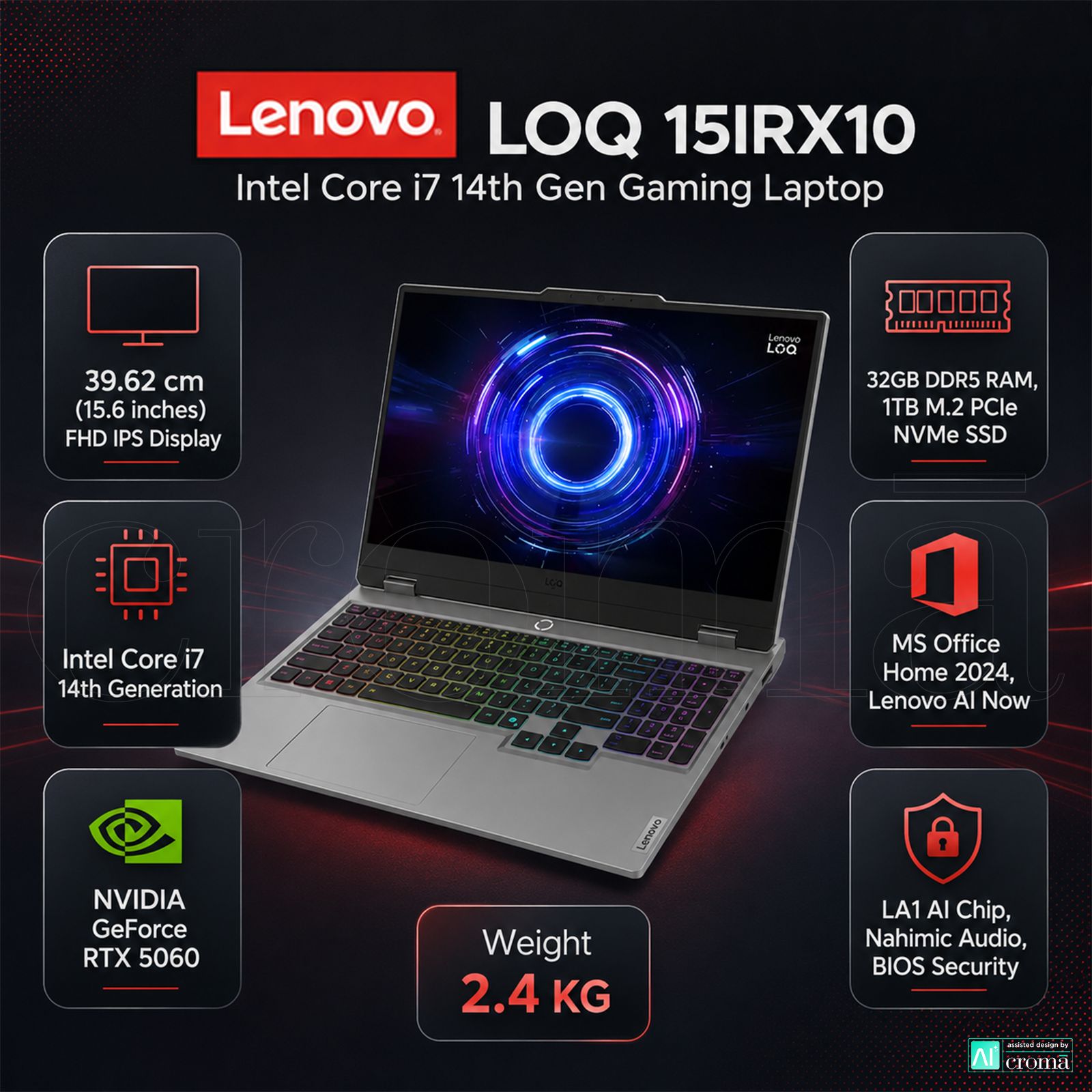 Lenovo LOQ 15IRX10 Intel Core i7 14th Gen Gaming Laptop (32GB, 1TB SSD, Windows 11 Home, 8GB Graphics, 15.6 Inch 144 Hz Full HD IPS Display, NVIDIA GeForce RTX 5060, MS Office Home 2024, Luna Grey, 2.4 KG) Lenovo LOQ 15IRX10 Intel Core i7 14th Gen Gaming Laptop (32GB, 1TB SSD, Windows 11 Home, 8GB Graphics, 15.6 Inch 144 Hz Full HD IPS Display, NVIDIA GeForce RTX 5060, MS Office Home 2024, Luna Grey, 2.4 KG)_2