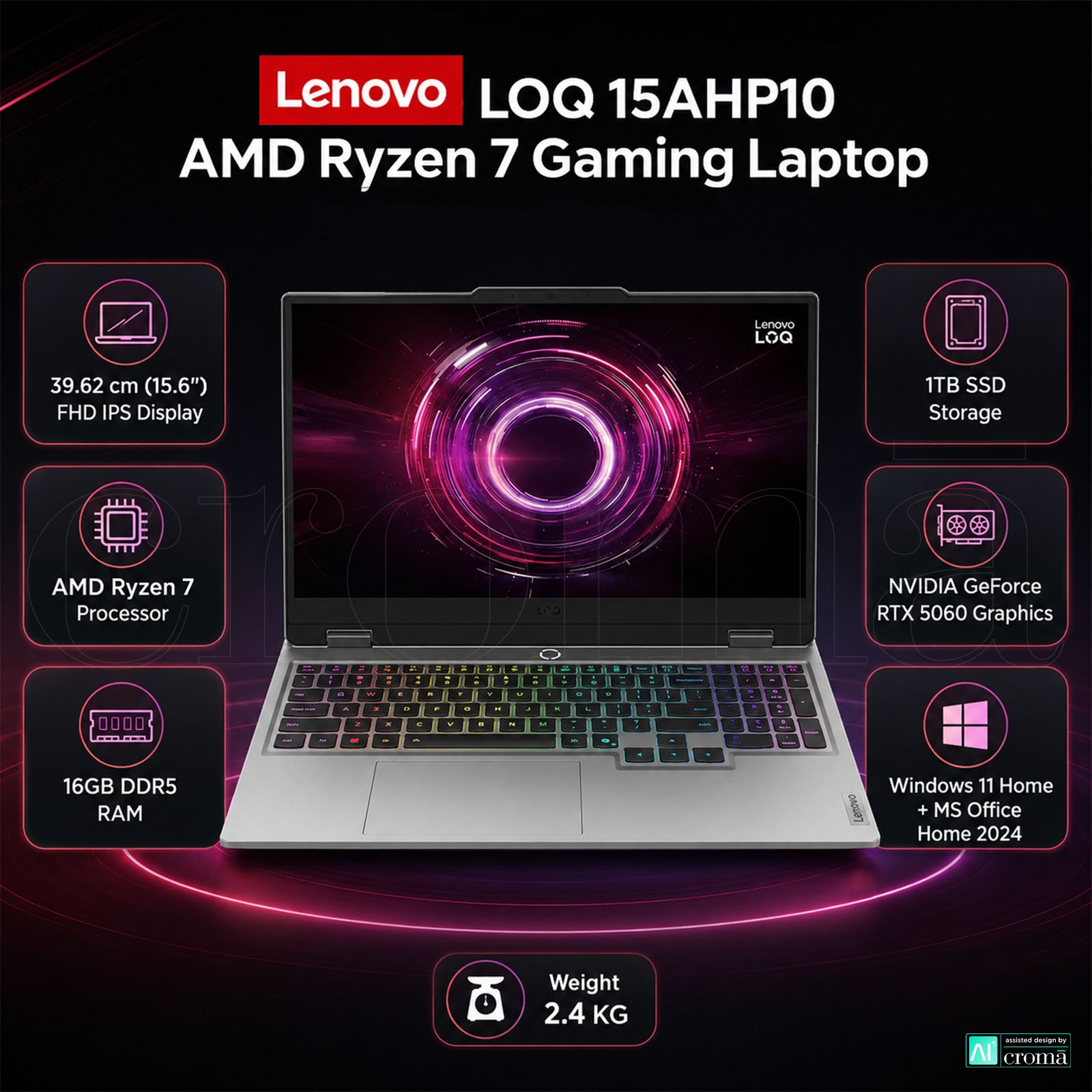 Lenovo LOQ 15AHP10 AMD Ryzen 7 Gaming Laptop (16GB, 1TB SSD, Windows 11 Home, 8GB Graphics, 15.6 Inch 144 Hz Full HD IPS Display, NVIDIA GeForce RTX 5060, MS Office Home 2024, Luna Grey, 2.4 KG)_2