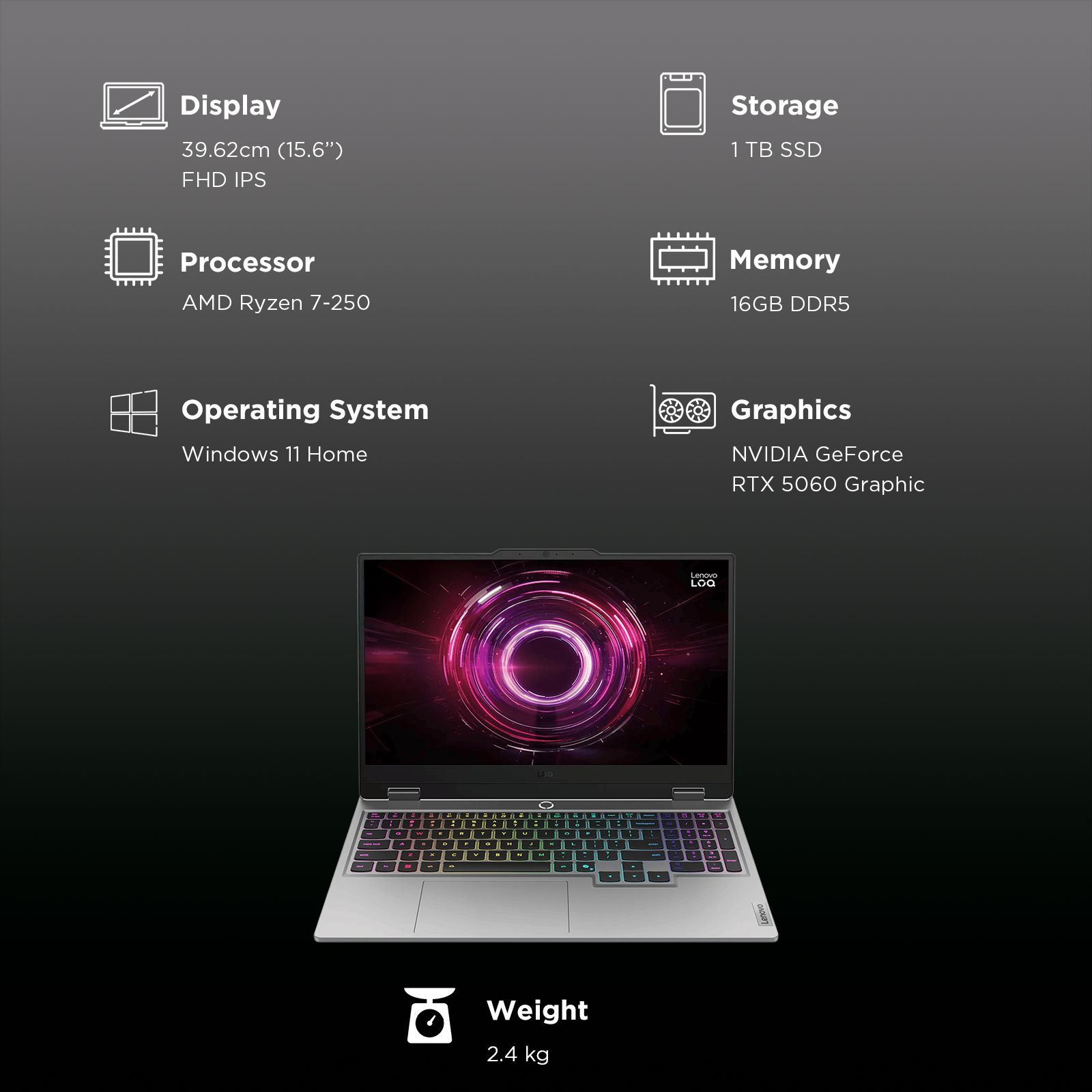 Lenovo LOQ 15AHP10 AMD Ryzen 7 Gaming Laptop (16GB, 1TB SSD, Windows 11 Home, 8GB Graphics, 15.6 Inch 144 Hz Full HD IPS Display, NVIDIA GeForce RTX 5060, MS Office Home 2024, Luna Grey, 2.4 KG)_9