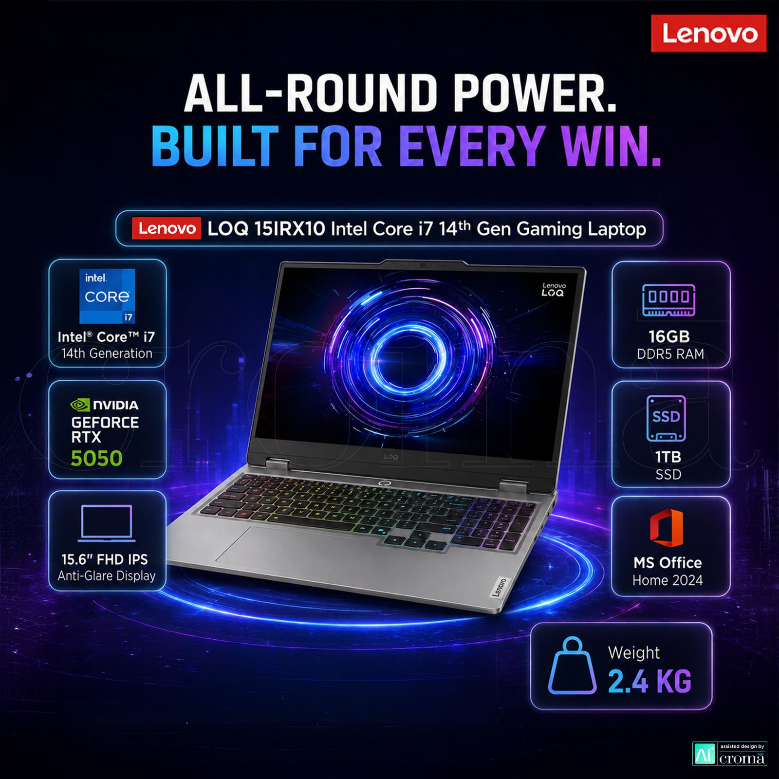 Lenovo LOQ 15IRX10 Intel Core i7 14th Gen Gaming Laptop (16GB, 1TB SSD, Windows 11 Home, 8GB Graphics, 15.6 Inch 144 Hz Full HD IPS Display, NVIDIA GeForce RTX 5050, MS Office Home 2024, Luna Grey, 2.4 KG) Lenovo LOQ 15IRX10 Intel Core i7 14th Gen Gaming Laptop (16GB, 1TB SSD, Windows 11 Home, 8GB Graphics, 15.6 Inch 144 Hz Full HD IPS Display, NVIDIA GeForce RTX 5050, MS Office Home 2024, Luna Grey, 2.4 KG)_2