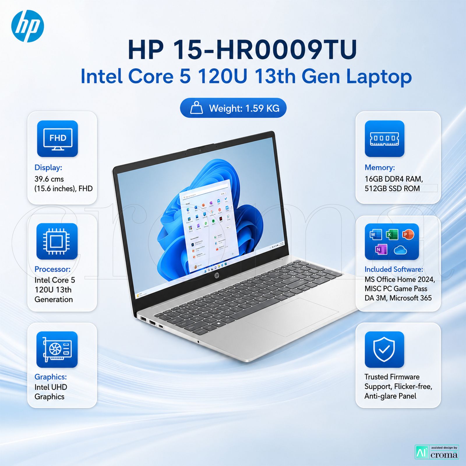 HP 15-HR0009TU Intel Core 5 120U 13th Gen Laptop (16GB, 512GB SSD, Windows 11 Home, 15.6 inch Full HD Display, MS Office Home 2024, Natural Silver, 1.59 KG)_2