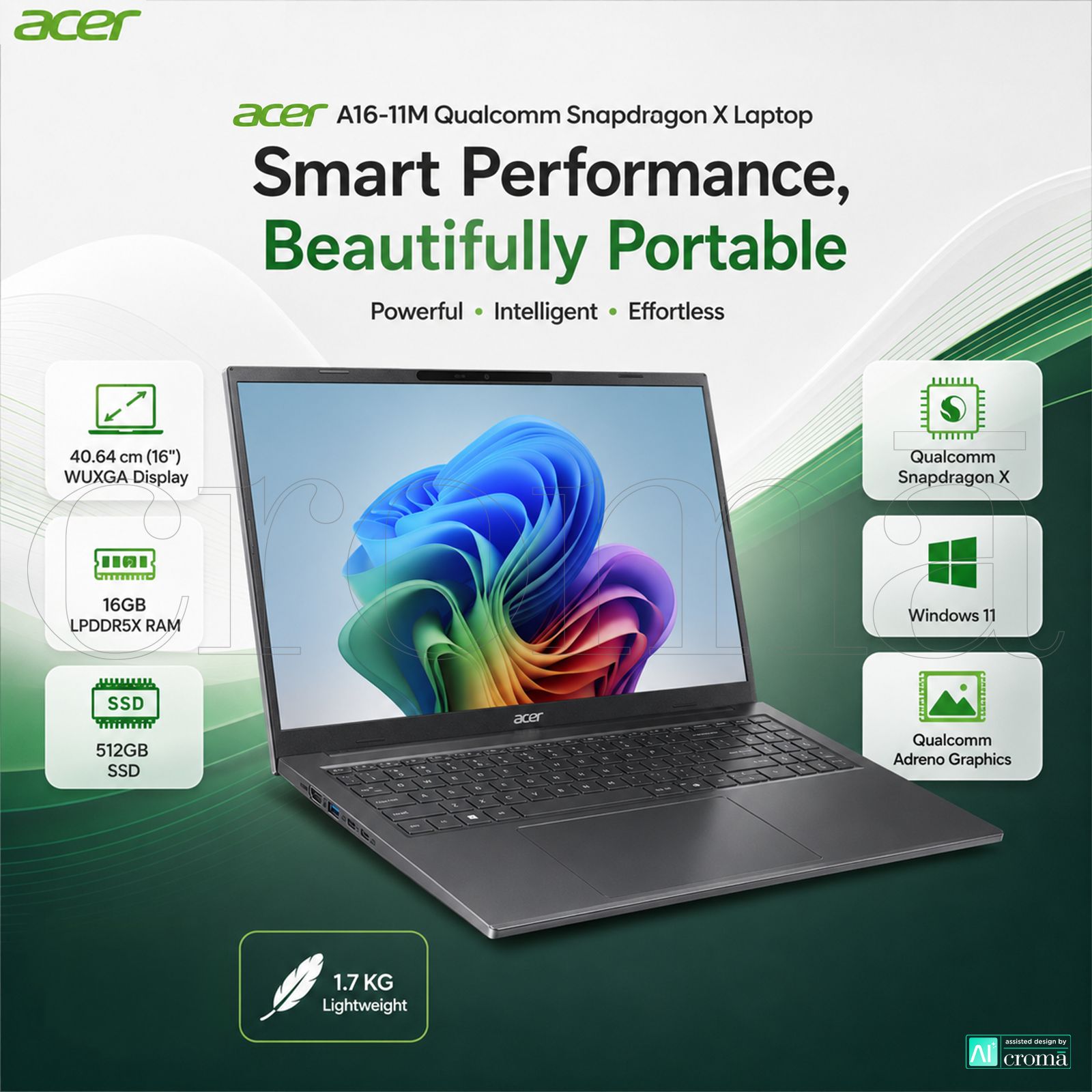 acer A16-11M Qualcomm Snapdragon X Laptop (16GB, 512GB SSD, Windows 11, 16 inch WUXGA Display, MS Office, Steel Grey, 1.7 KG) acer A16-11M Qualcomm Snapdragon X Laptop (16GB, 512GB SSD, Windows 11, 16 inch WUXGA Display, MS Office, Steel Grey, 1.7 KG)_2