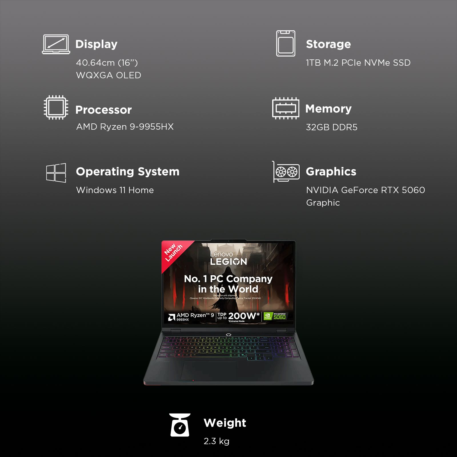 Lenovo Legion Pro 5 16AFR10 AMD Ryzen 9 Gaming Laptop (32GB, 1TB SSD, Windows 11 Home, 8GB Graphics, 16 Inch 165 Hz WQXGA OLED Display, NVIDIA GeForce RTX 5060, MS Office Home 2024, Eclipse Black, 2.3 KG)_3