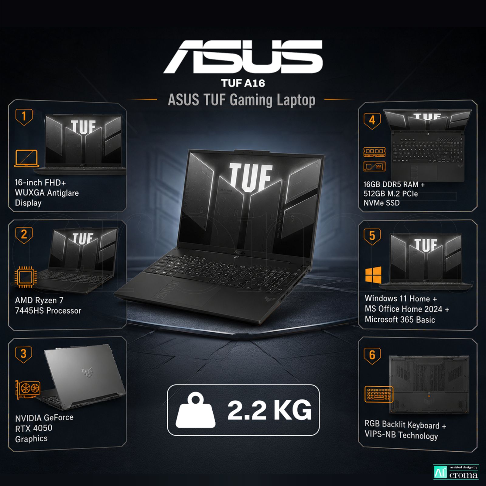 ASUS TUF A16 AMD Ryzen 7 7445HS Gaming Laptop (16GB, 512GB SSD, Windows 11 Home, 6GB Graphics, 16 inch 144 Hz Full HD Plus WUXGA Display, NVIDIA GeForce RTX 4050, MS Office 2024, Mecha Gray, 2.2 KG) ASUS TUF A16 AMD Ryzen 7 7445HS Gaming Laptop (16GB, 512GB SSD, Windows 11 Home, 6GB Graphics, 16 inch 144 Hz Full HD Plus WUXGA Display, NVIDIA GeForce RTX 4050, MS Office 2024, Mecha Gray, 2.2 KG)_2