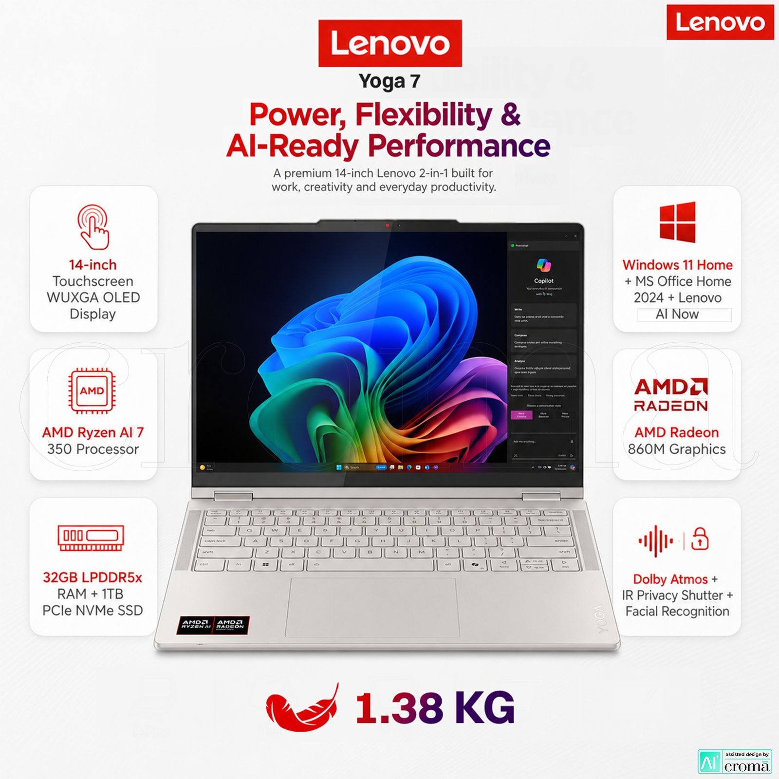 Lenovo Yoga 7 14AKP10 AMD Ryzen AI 7 350 Touchscreen 2-in-1 Laptop (32GB, 1TB SSD, Windows 11 Home, 14 inch WUXGA OLED Display, MS Office Home 2024, Seashell, 1.38 KG) Lenovo Yoga 7 14AKP10 AMD Ryzen AI 7 350 Touchscreen 2-in-1 Laptop (32GB, 1TB SSD, Windows 11 Home, 14 inch WUXGA OLED Display, MS Office Home 2024, Seashell, 1.38 KG)_2