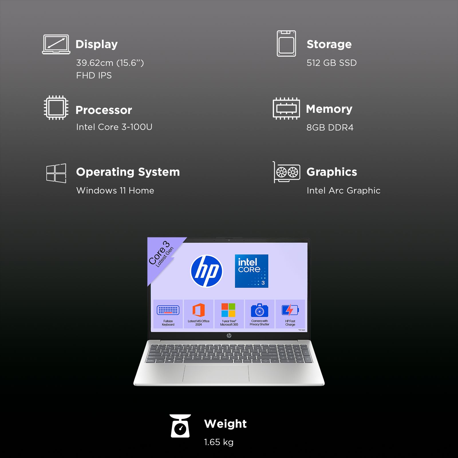 HP 15-fd1299TU Intel Core 3 100U Laptop (8GB, 512GB SSD, Windows 11 Home, 15.6 inch Full HD IPS Display, MS Office 2024, Natural Silver, 1.65 KG)_3