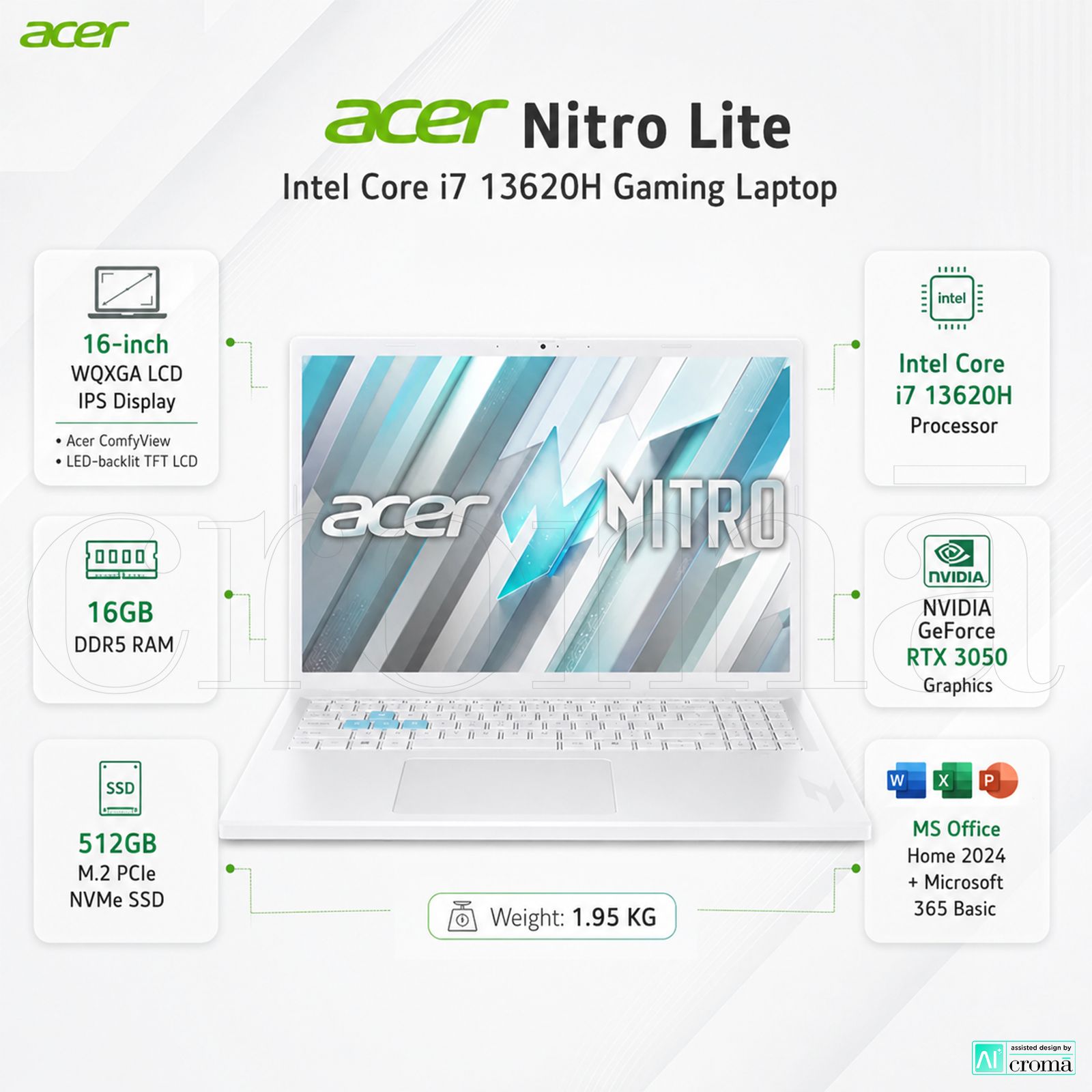 acer Nitro Lite Intel Core i7 13620H Gaming Laptop (16GB, 512GB SSD, Windows 11 Home, 6GB Graphics, 16 inch 165 Hz WQXGA LCD IPS Display, NVIDIA GeForce RTX 3050, MS Office Home 2024, Pearl White, 1.95 KG) acer Nitro Lite Intel Core i7 13620H Gaming Laptop (16GB, 512GB SSD, Windows 11 Home, 6GB Graphics, 16 inch 165 Hz WQXGA LCD IPS Display, NVIDIA GeForce RTX 3050, MS Office Home 2024, Pearl White, 1.95 KG)_2