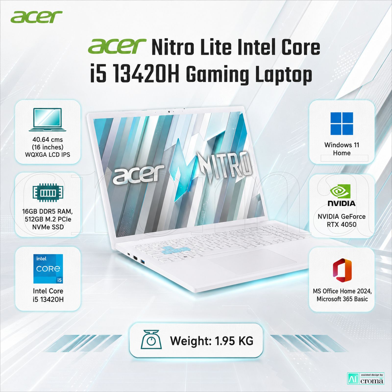 acer Nitro Lite Intel Core i5 13420H Gaming Laptop (16GB, 512GB SSD, Windows 11 Home, 6GB Graphics, 16 inch 165 Hz WQXGA LCD IPS Display, NVIDIA GeForce RTX 4050, MS Office Home 2024, Pearl White, 1.95 KG) acer Nitro Lite Intel Core i5 13420H Gaming Laptop (16GB, 512GB SSD, Windows 11 Home, 6GB Graphics, 16 inch 165 Hz WQXGA LCD IPS Display, NVIDIA GeForce RTX 4050, MS Office Home 2024, Pearl White, 1.95 KG)_2