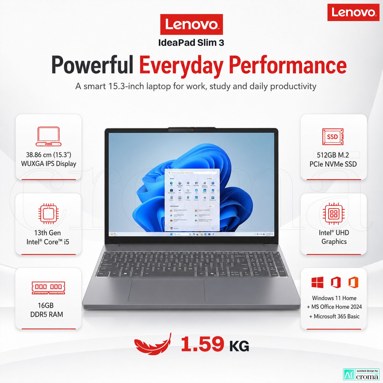 Lenovo IdeaPad Slim 3 15IRH10 Intel Core i5 13th Gen Laptop (16GB, 512GB SSD, Windows 11 Home, 15.3 inch WUXGA IPS Display, MS Office Home 2024, Luna Grey, 1.59 KG) Lenovo IdeaPad Slim 3 15IRH10 Intel Core i5 13th Gen Laptop (16GB, 512GB SSD, Windows 11 Home, 15.3 inch WUXGA IPS Display, MS Office Home 2024, Luna Grey, 1.59 KG)_2