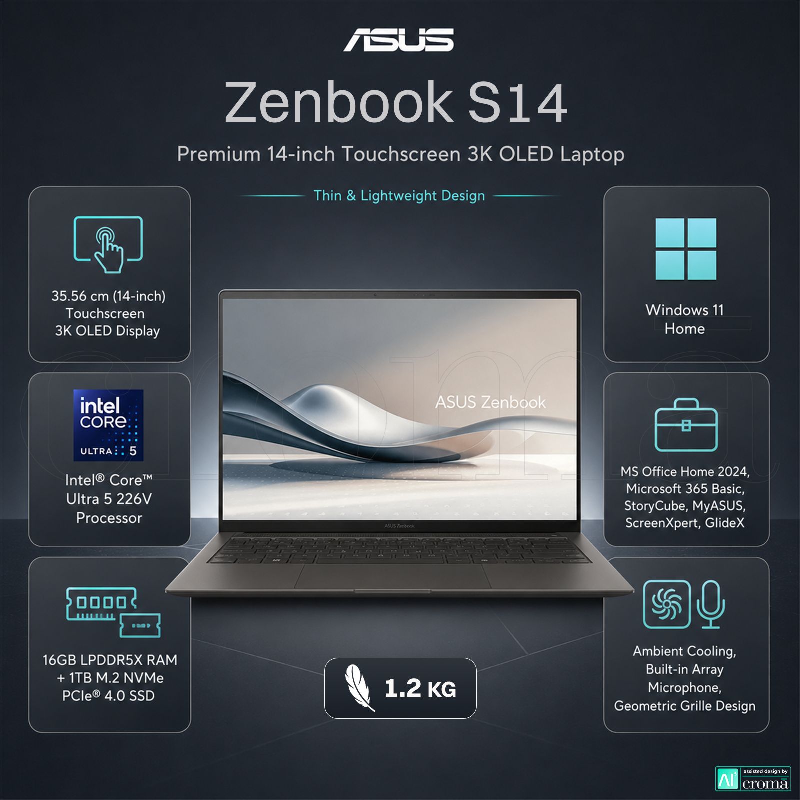 ASUS Zenbook S14 Intel Core Ultra 5 226V Touchscreen Thin & Light Laptop (16GB, 1TB SSD, Windows 11 Home, 14 inch 3K OLED Display, MS Office Home 2024, Zumaia Gray, 1.2 KG) ASUS Zenbook S14 Intel Core Ultra 5 226V Touchscreen Thin & Light Laptop (16GB, 1TB SSD, Windows 11 Home, 14 inch 3K OLED Display, MS Office Home 2024, Zumaia Gray, 1.2 KG)_2